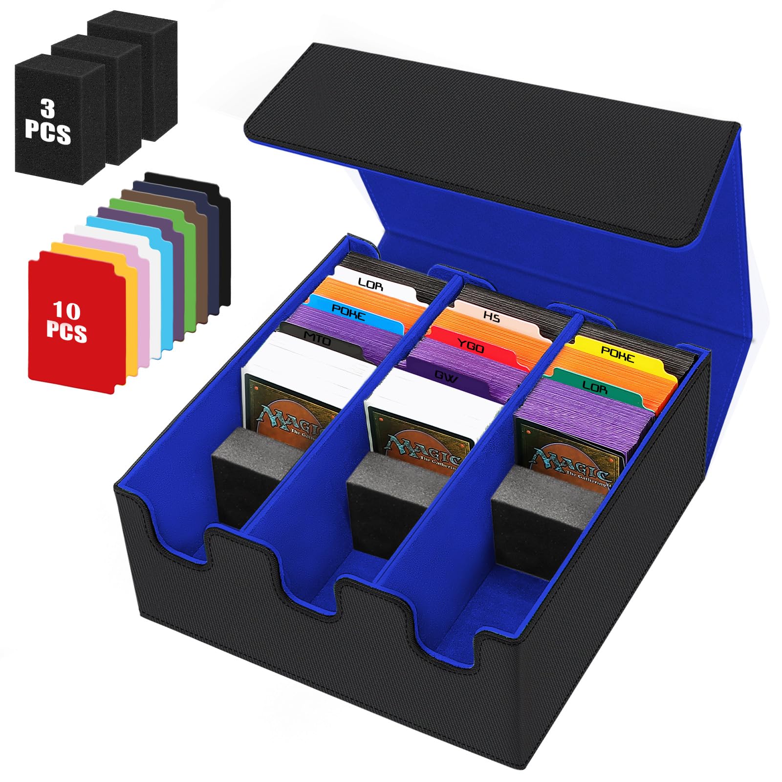 HIMOMO Card Storage Box for Trading Cards, 2100+ PU Leather Card Deck Box, Magnetic Closure Card Case with 10 Colorful Divider & 3 Foam Dividers Fit for Mtg, Sports Cards (Blue)