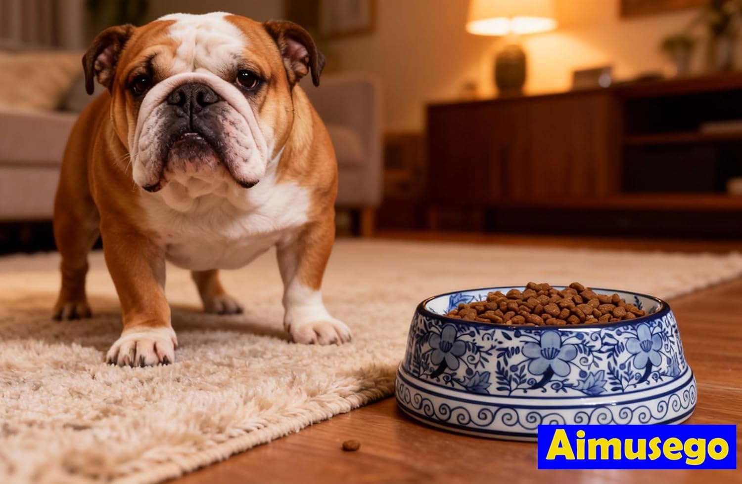 Aimusego 6.7inch Blue Ceramic Chinoiserie Food & Water Dish for Small and Medium Dogs/Cats, Non-Slip Anti-Tip Porcelain Pet Feeder Bowl