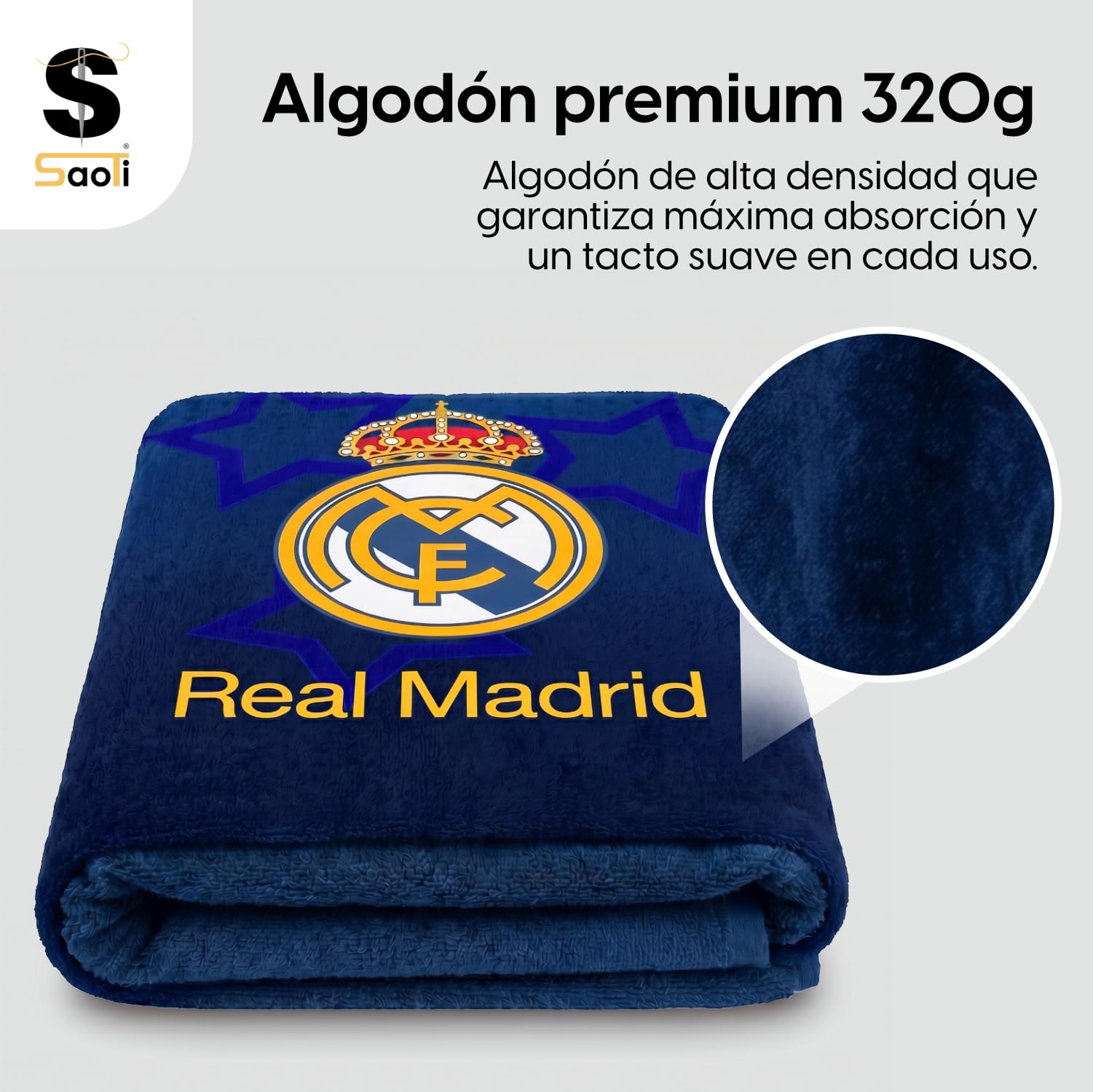 SaoTi Toalla Baño Grande Algodón 320g 75x150 cm - Toallas Ducha Ultra Absorbentes Gimnasio - Toallas Playa Fútbol Equipo Merengue Secado Rápido Adulto