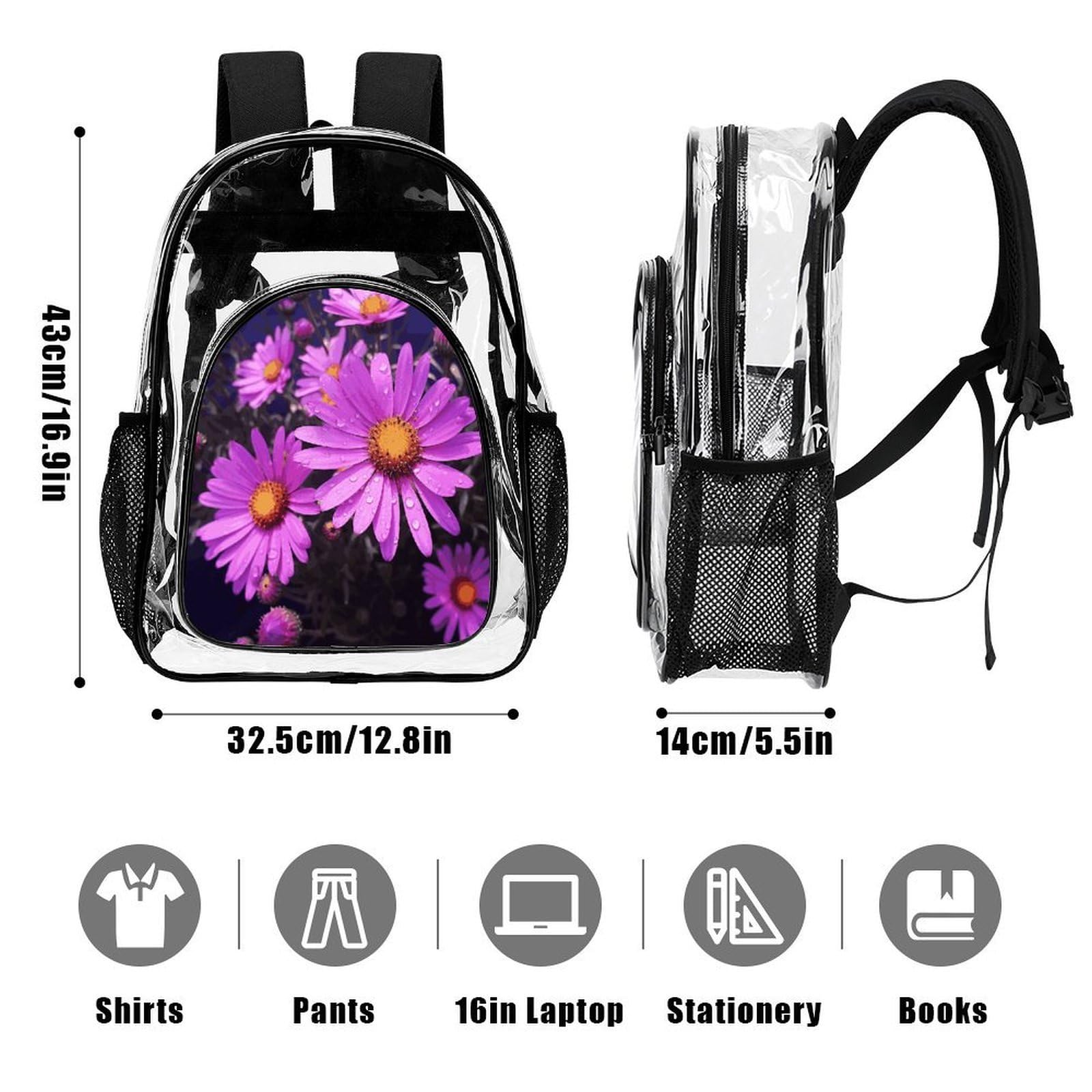 Summer Purple Flower - Zaino trasparente in PVC trasparente, per la sicurezza, il lavoro, i viaggi, lo stadio