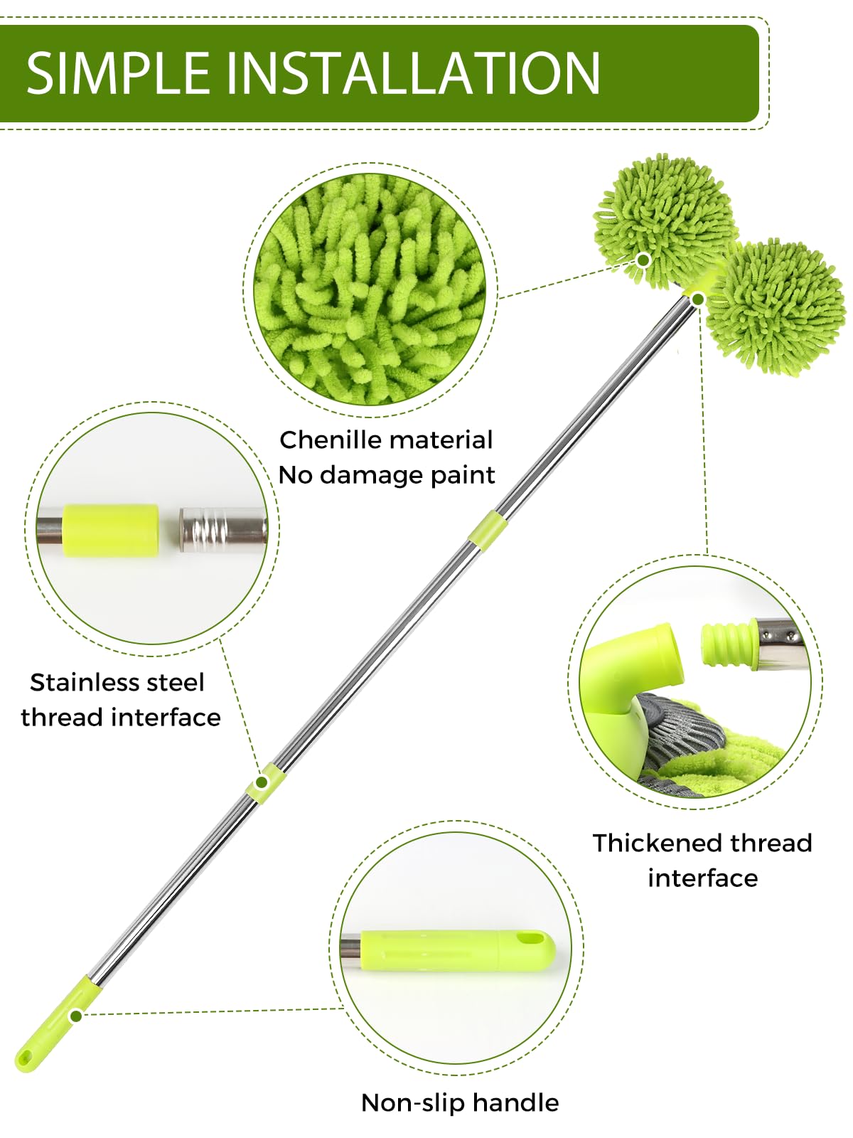 47"Dual Head Rotatable Car Wash Brush 3 Sections 120cm Chenille Soft Bristles Cleaning Detail Brush Suitable for Clean Uneven Surfaces SUV Van RV Caravan Roof Engine Hood Home Window