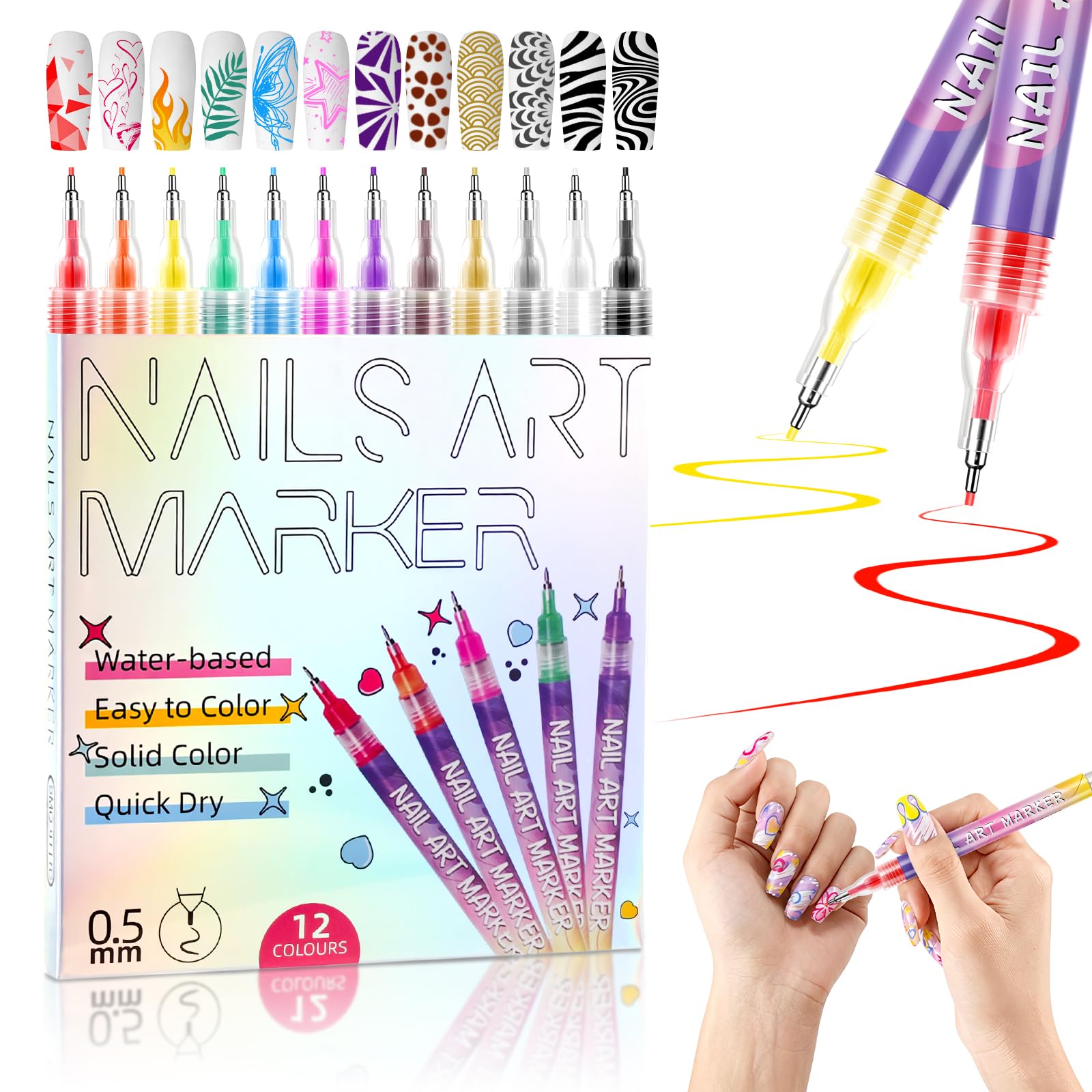 Set de 12 Bolígrafos para Uñas Nail Art, Nails Art Marker de Punta Fina 0,5 mm para Uñas Naturales y Uñas de Gel, Bolígrafo 3D de Esmalte de Secado Rápido para Liner, Dotting y Graffiti