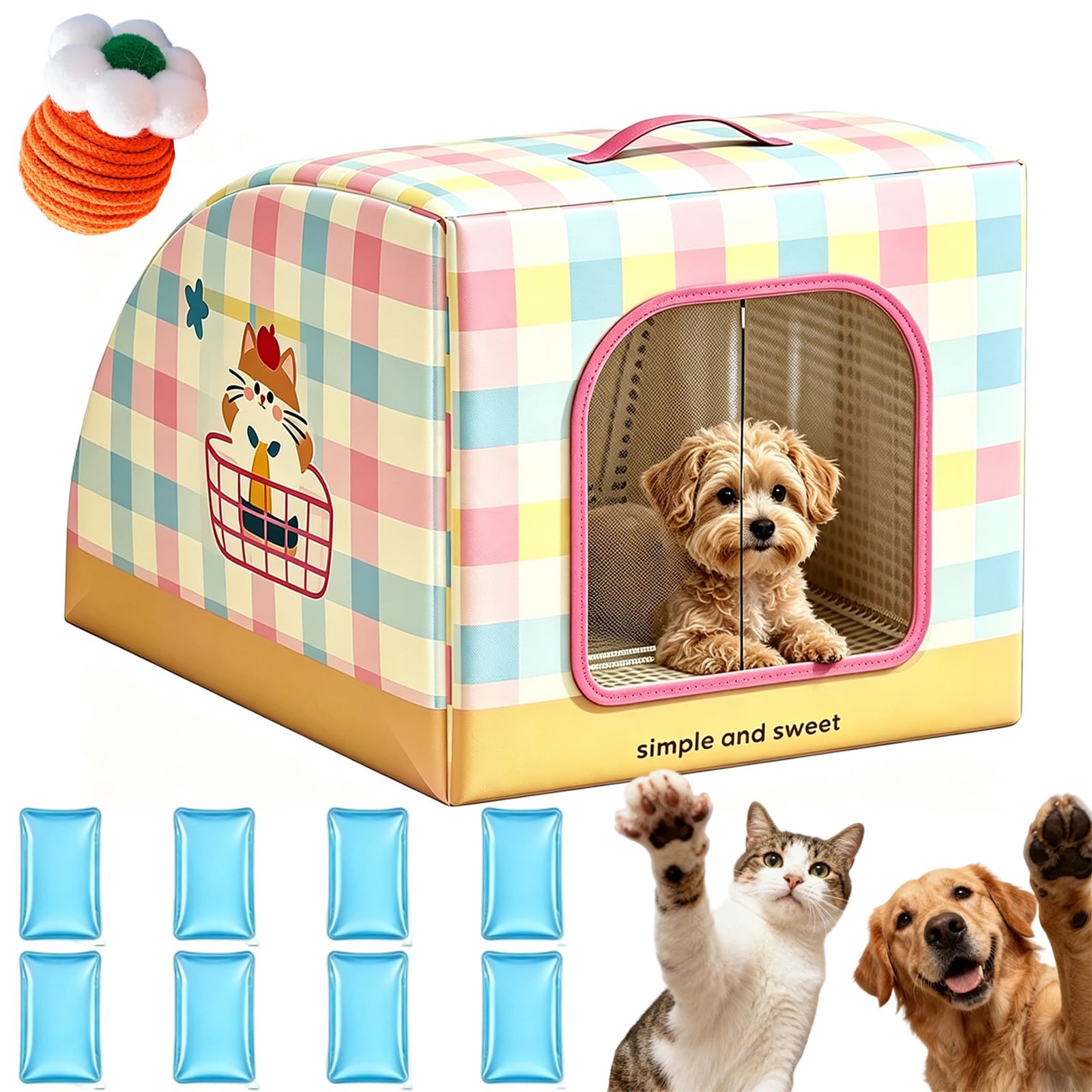 Cooling Cat House with Handle, for Indoor And Outdoor Cats Dogs Use (L-Yellow)