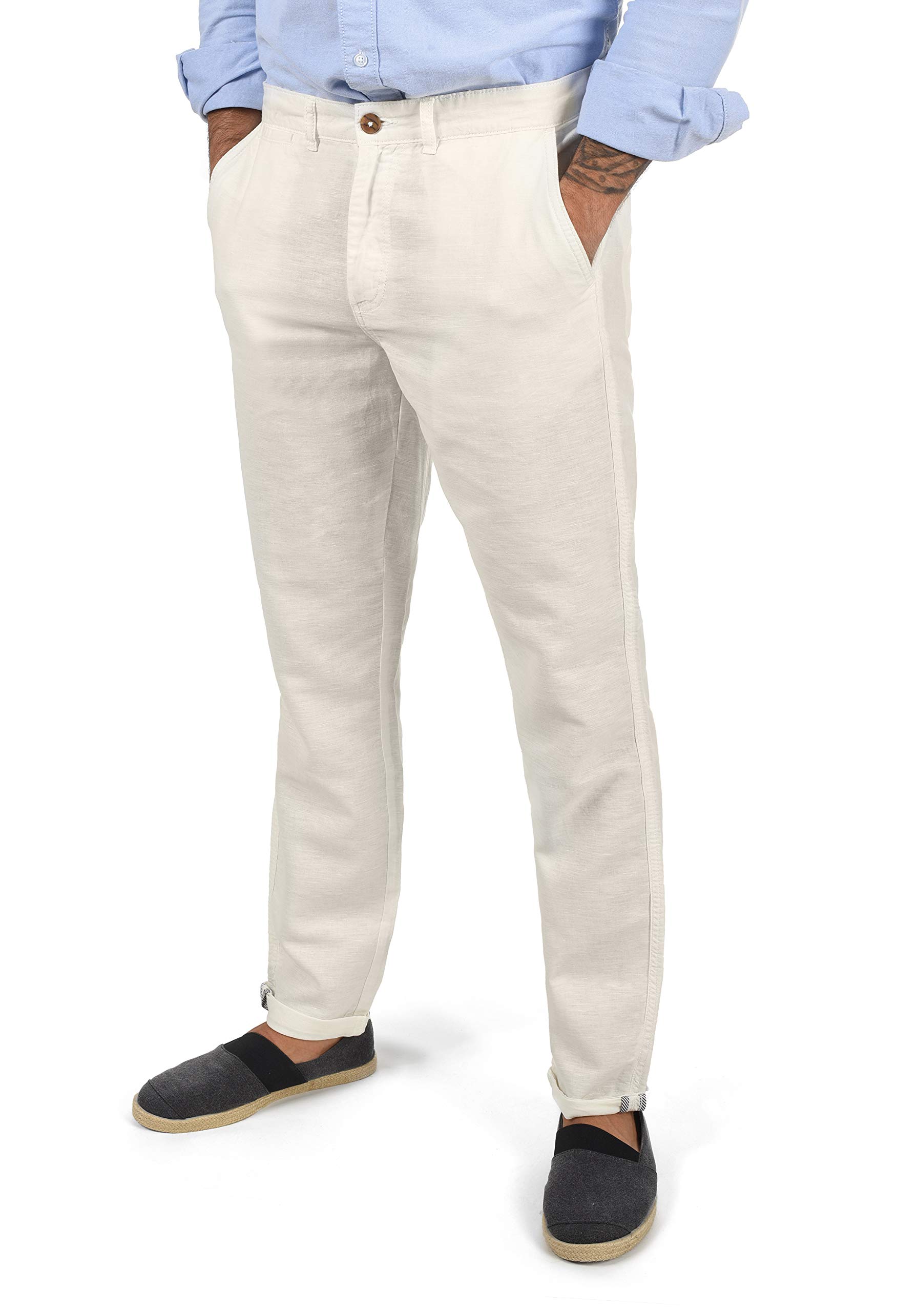 !Solid SDLoran Herren Leinenhose Lange Stoffhose Hose mit Gürtelschlaufen 5-Pocket-Form Leinenmix Regular fit, Größe:M, Farbe:Off White (0104)