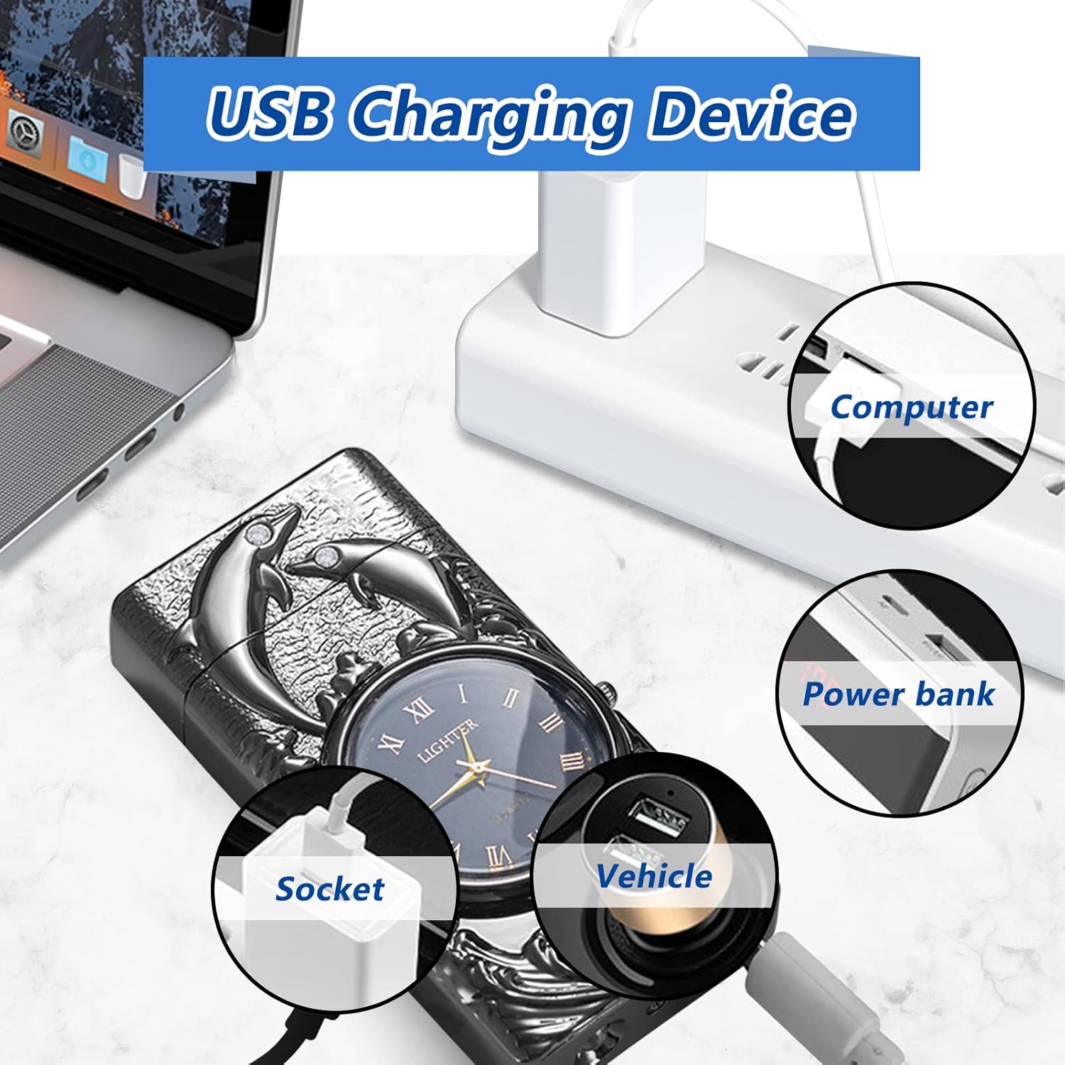 Electric Rechargeable USB Lighter Flameless Windproof Plasma Arc Lighters with Watch dial Electronic Lighter Candle Unique Fancy Cool Lighters for Candle (Black)