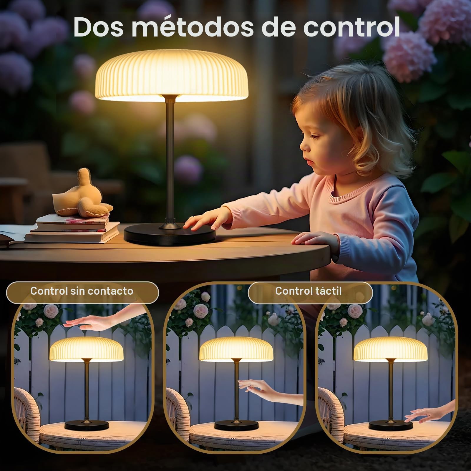 AGOTD - Lámpara de mesa solar para exterior - Lámpara de mesa LED inalámbrica con puerto USB-C - Intensidad variable - Blanco cálido + blanco frío - Para interior y exterior, jardín, terraza