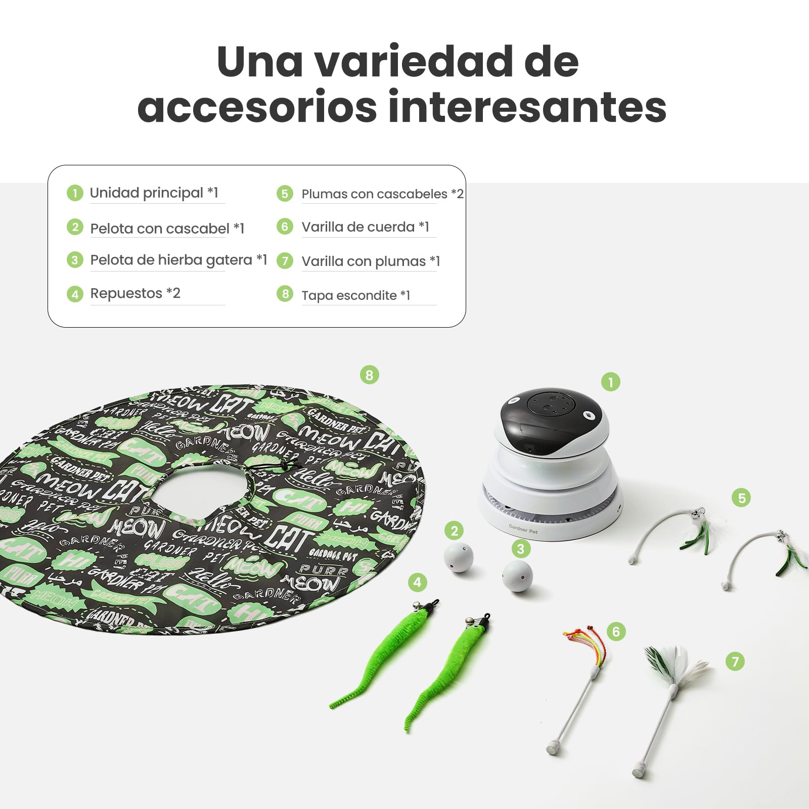 Gardner Pet Juguete para Gatos, 5 en 1 Eléctrico Interactivo Automático para Gatos, Juego de Escondite, Juguete con Plumas, Láser, Pelotas y Sonidos de Pájaros, Carga USB, Verde