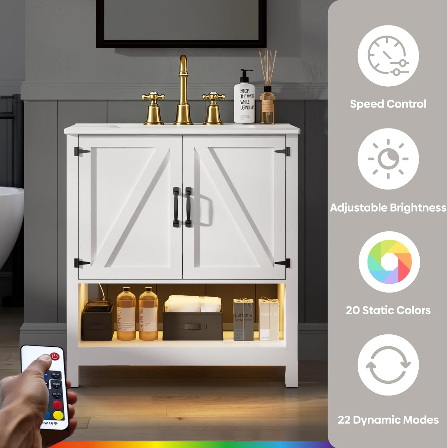 30" Bathroom Vanity with Sink, Modern Bathroom Cabinet with LED Light, Bathroom Vanity Set, Double Soft Closing Cabinet Door with Organizer, White