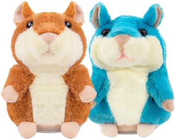 2 Pcs Talking Hamster Repeats What You Say, Toddlers Stuffed Animal Interactive Plush Toys Easter Basket Stuffers Birthday for Boys Girls 3+ Year Olds Brown + Light Blue