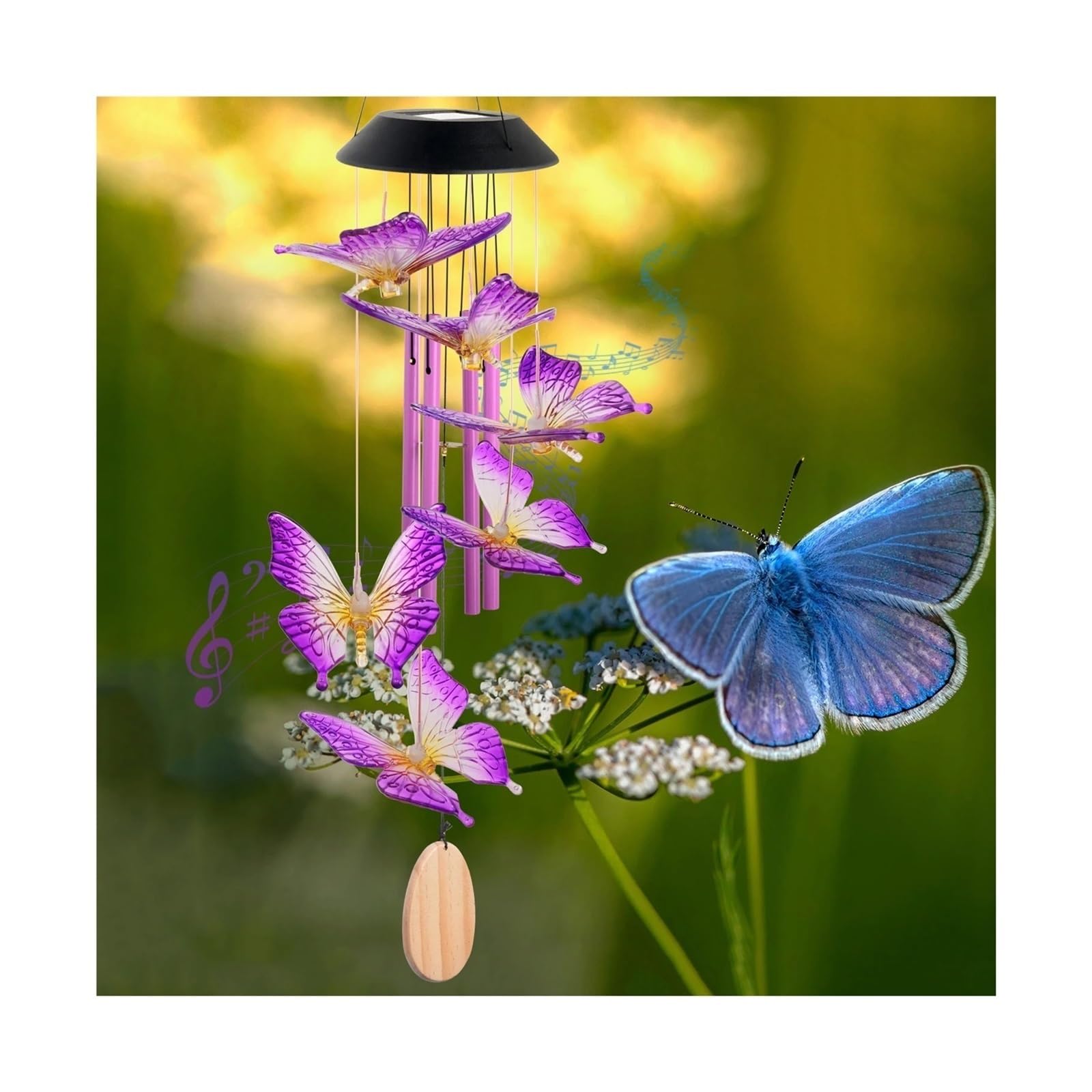 Butterfly Wind Chimes, for Mom Grandma, Purple Glass with Lighted Pendant, Outdoor Garden Patio Decor for for Indoor and Outdoor