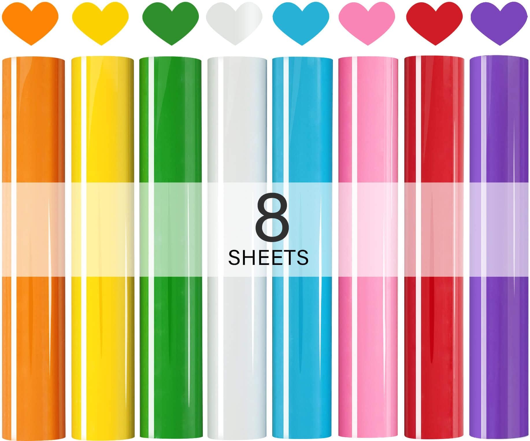 AFunCrafter HTV Heat Transfer Vinyl 8 Sheets 11.8" x 9.8",Iron On Bundle for Cricut DIY T Shirts, Assorted Rainbow White Red Pink Yellow Orange Green Blue Accessories,Everyday Smart Machine Sport Flex