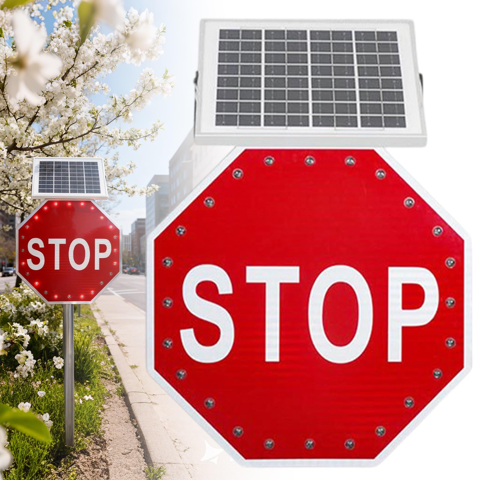 Señal de Stop de 60 x 60 cm (24" x 24"), Señal de Stop con Luz LED Intermitente- Estructura metálica resistente a la corrosión, película reflectante de grado profesional