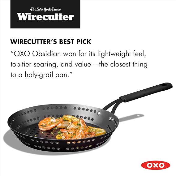 OXO Obsidian Pre-Seasoned Carbon Steel, 12 Frying Pan Skillet with Holes for Grilling with Removable Silicone Handle Holder, Induction, Oven Safe, Black