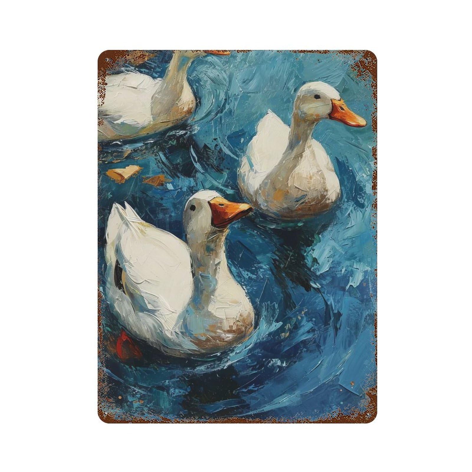 Ducks in Blue Water Painting Aged Metal Wall Plaque 15.7"x11.8", Industrial Home Decor for Pub, Kitchen And Man Cave Decor