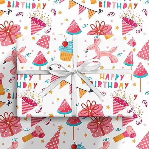 Miniatura 8 de RUSPEPA Rollo de papel de regalo de cumpleaños para niñas, mini rollo, globo rosa, caja de regalo y sombrero de fiesta con texto de feliz cumpleaños