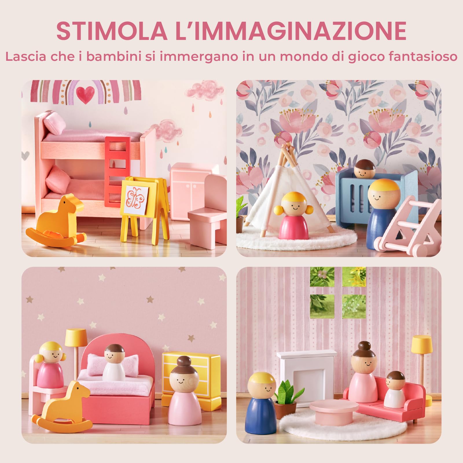Tiny Land Casa delle bambole in legno per ragazze - 6 camere casa delle bambole in legno, fai da te Pretend Dream House con 30 accessori per mobili, regalo per ragazze dai 3 anni in su