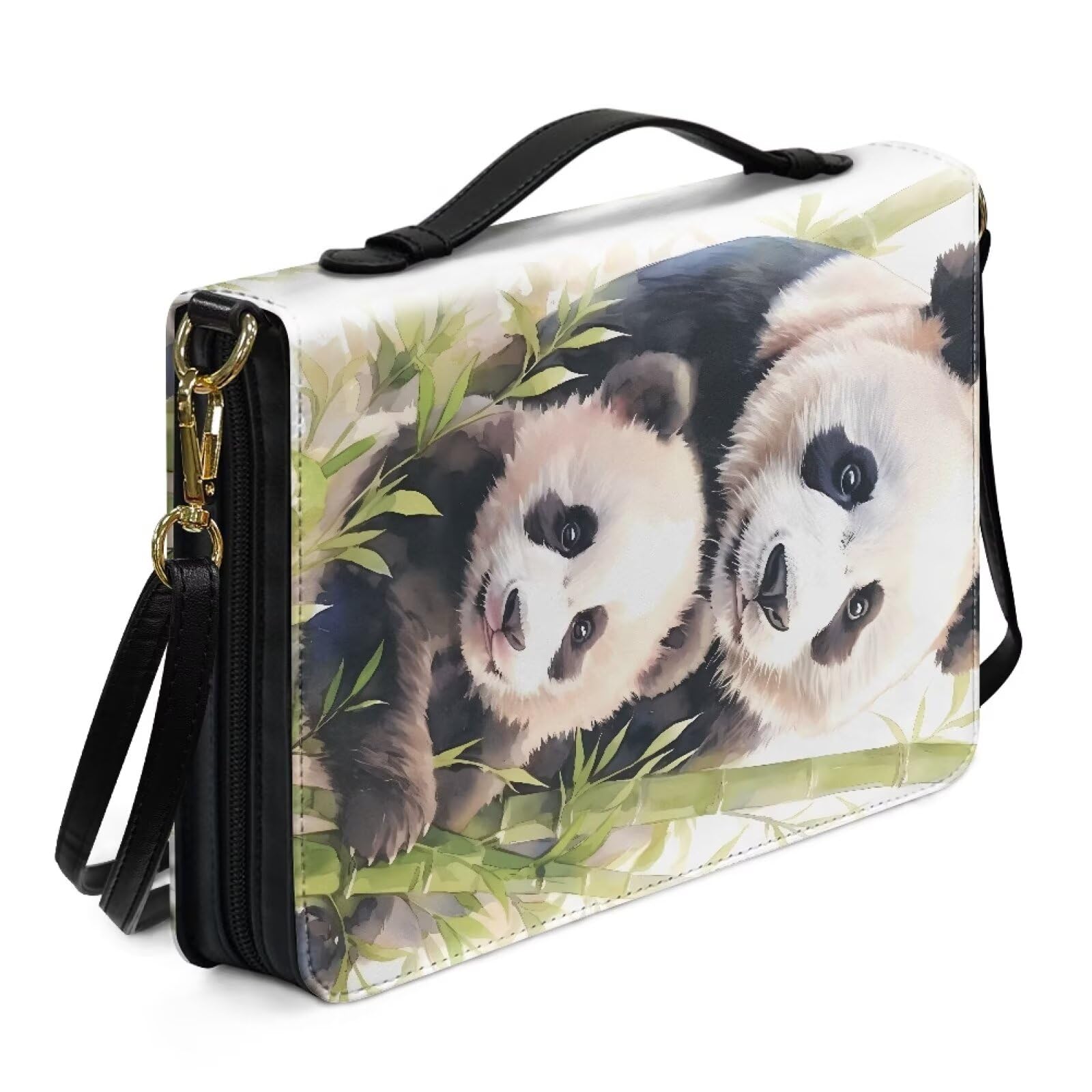 Kuiaobaty Cute Panda Pattern Bible Book Carrying Book Case with Shoulder Strap, Bamboo Forest Pandas Bible Church Bag PU Leather Church Journal Bag