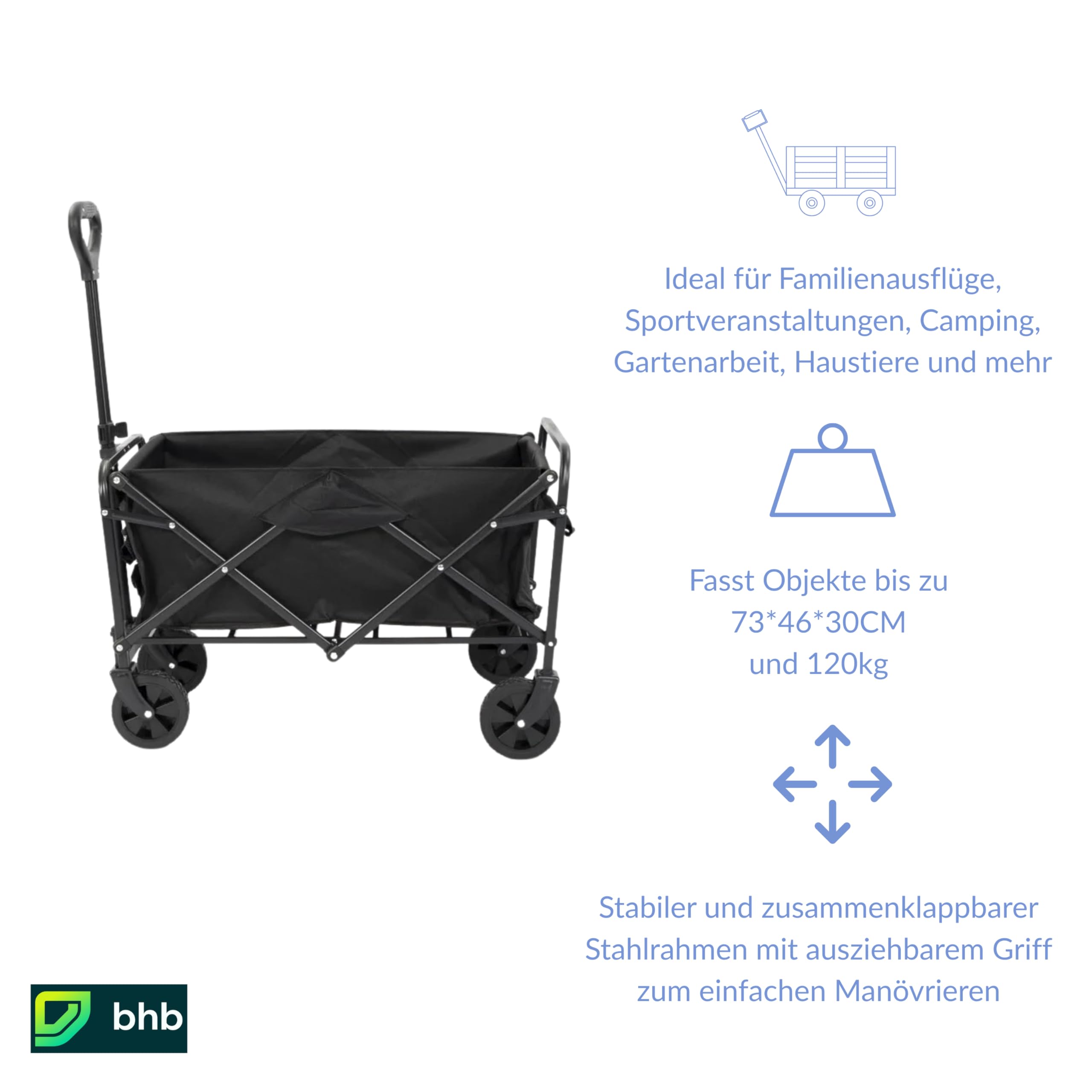 Bollerwagen Faltbar 100L 120kg, Klappbarer Handwagen, Geländegängig, Trolley für Garten Einkauf Camping, Schwarz, 4 Rollen & Kompakt Verstaubar, Größe 88×73×46cm