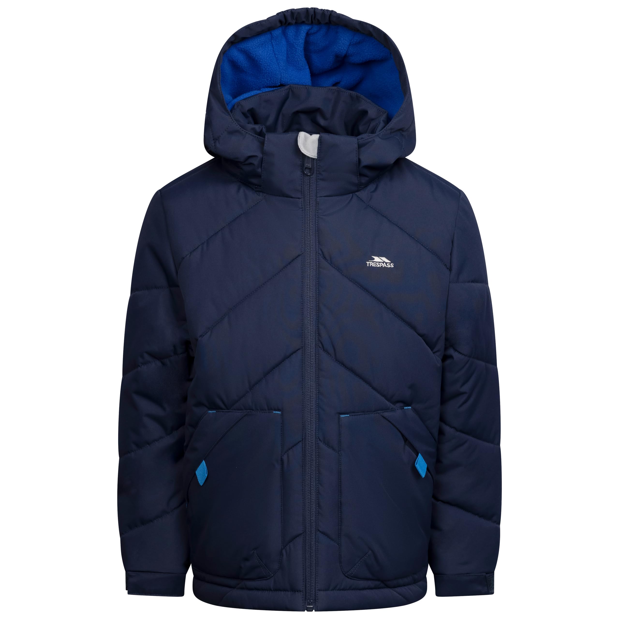 Trespass Boys Navy Casual Jacket Ryssa - Quilted, Waterproof, Windproof, Detachable Hood, 2 Patch Pockets, Adjustable Cuffs, Woven Shell, 100% Polyester Lining, 100% Polyester Filling