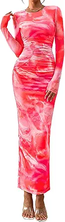 PRETTYGARDEN Fall Wedding Guest Dresses for Women 2025 Long Sleeve Ruched Sexy Bodycon Floral Mesh Cocktail Party Maxi Dress