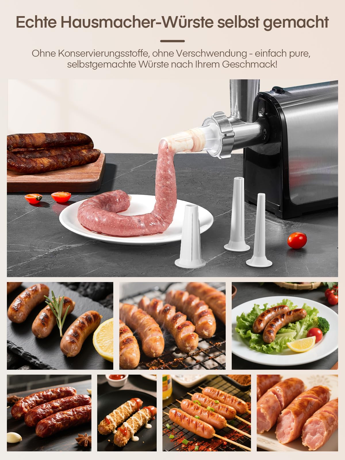 Fleischwolf Elektrisch, 3 in 1 Elektrischer Fleischwolf mit Wurstfüller, 3 Edelstahl-Schleifplatten,1 Kubbe & 3 Wurstfüllrohren