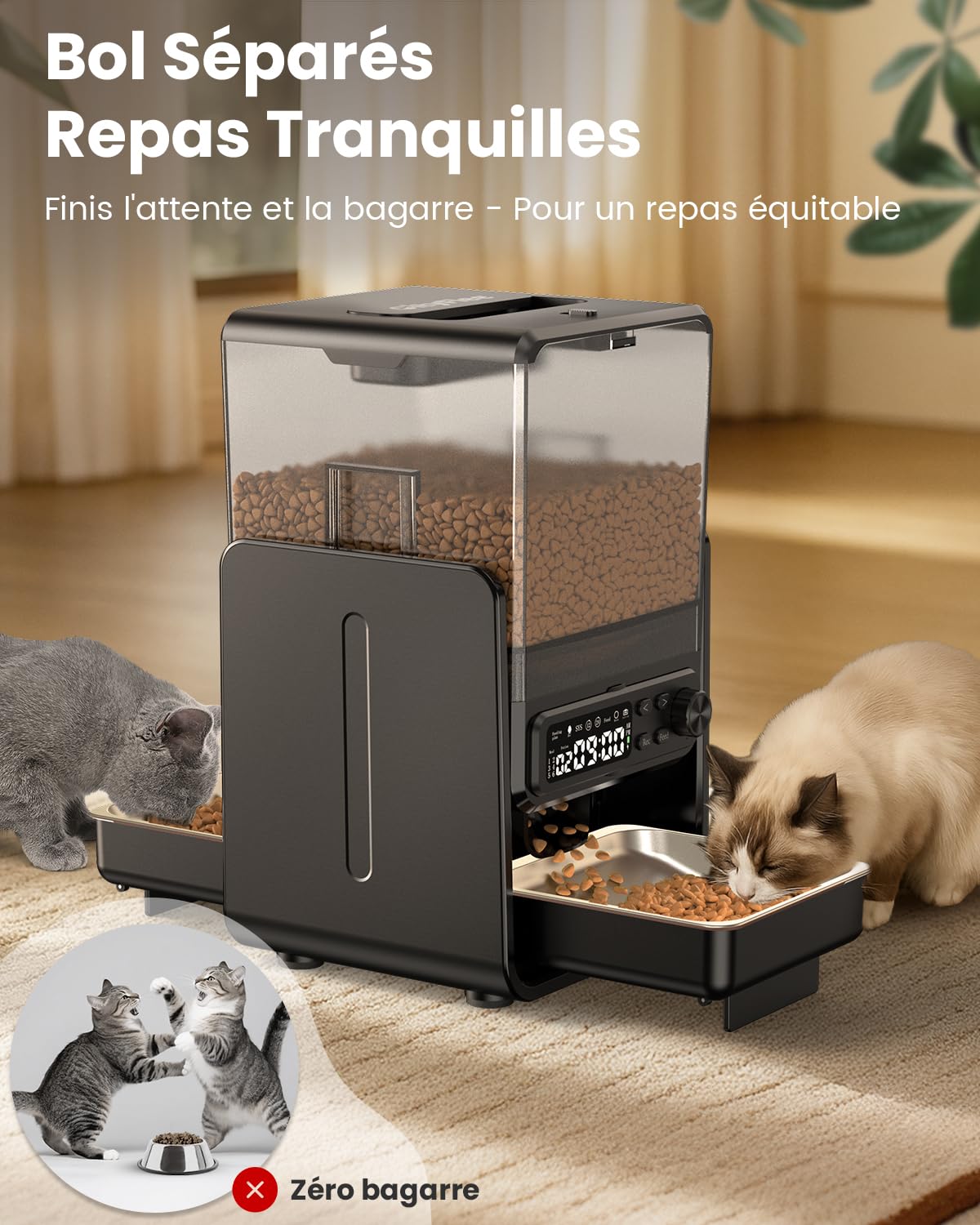 Distributeur automatique de nourriture pour chat pour 2 chats, 5L/20 tasses Distributeur automatique de nourriture pour chat avec bols réglables, panneau de commande amovible, programmation