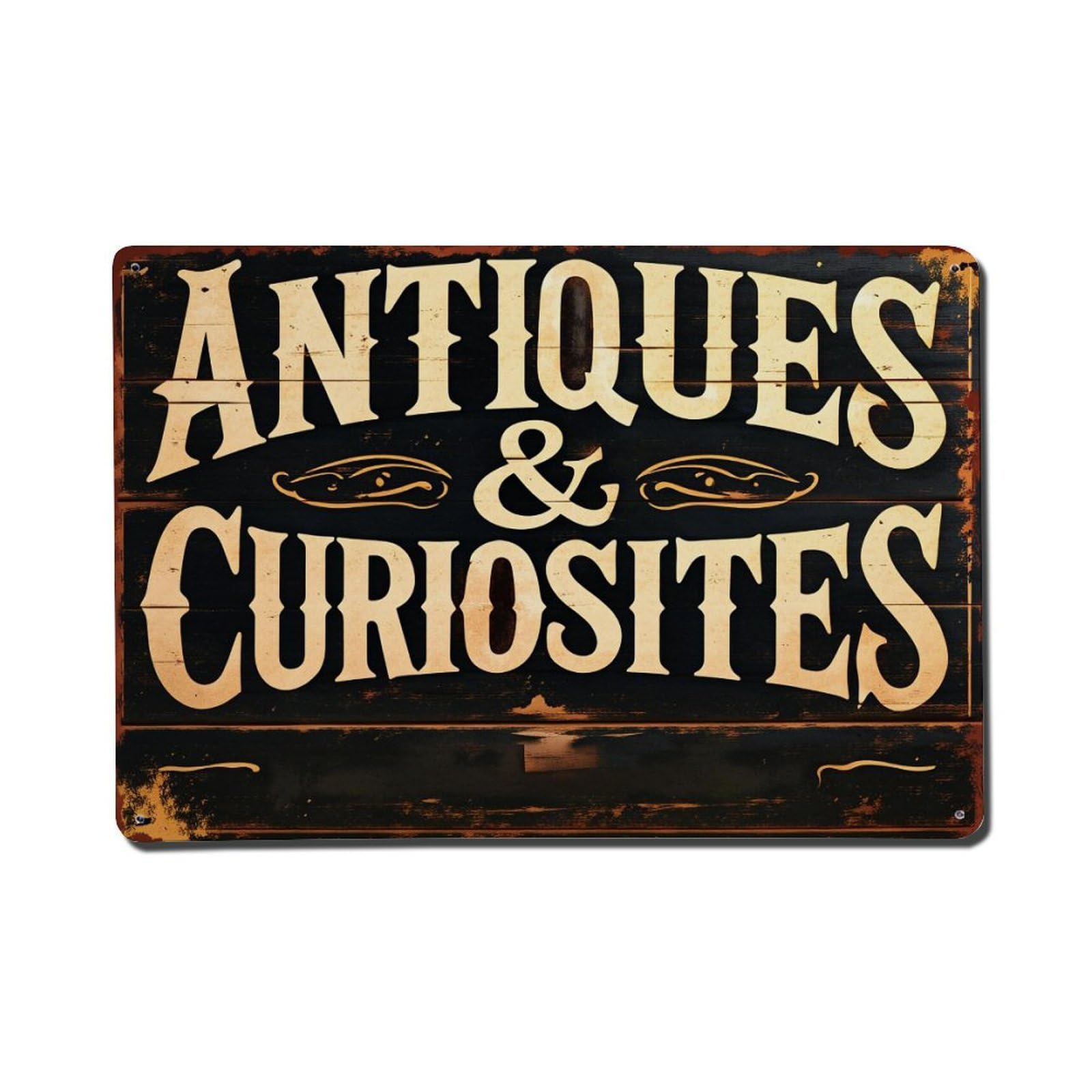 Antiques And Curiosities Sign Pattern Metal Tin Sign Plaque