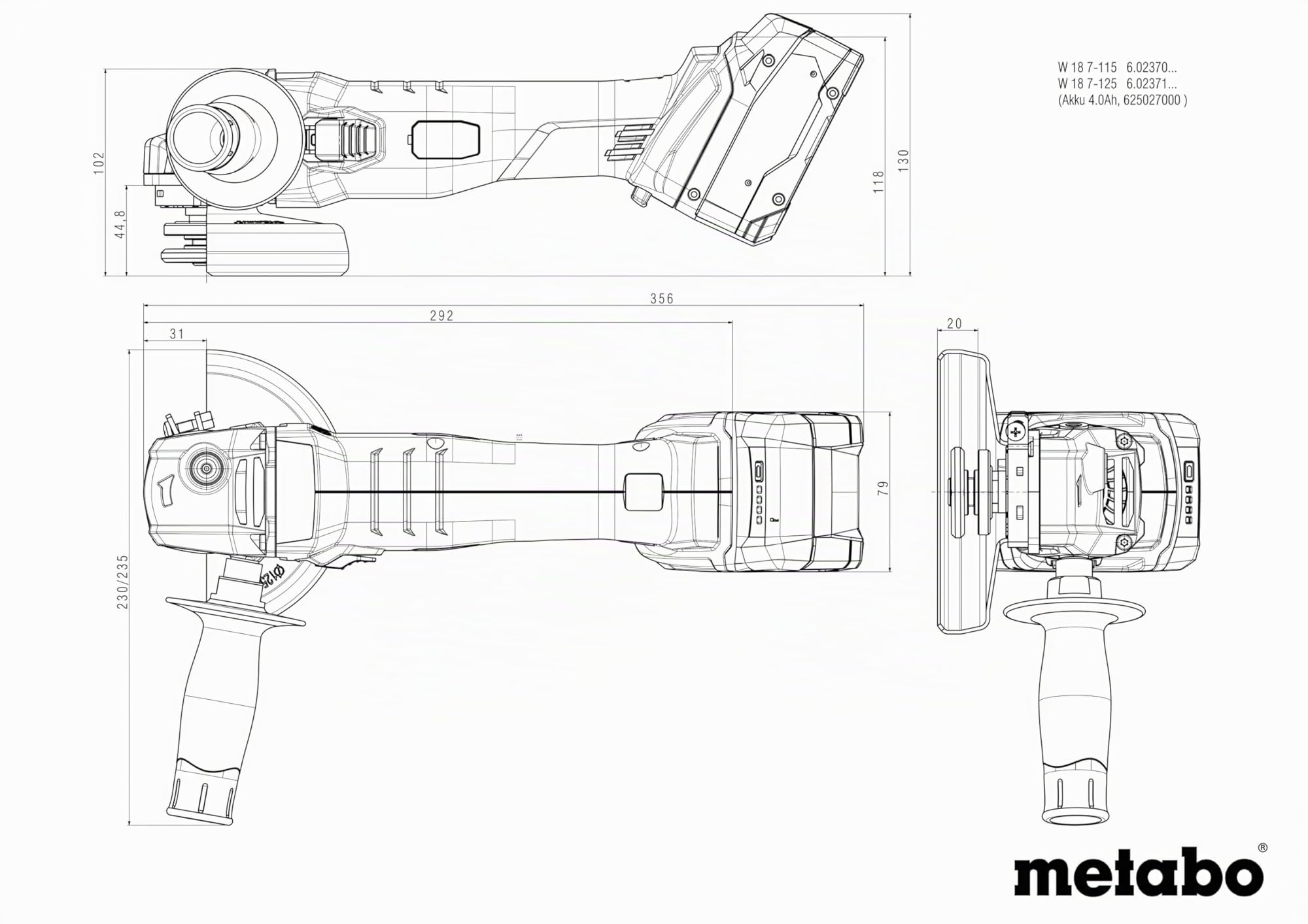 metabo W 18 7-125 602371850 amoladora angular inalámbrica 125 mm sin escobillas, sin batería, sin cargador, 18 V