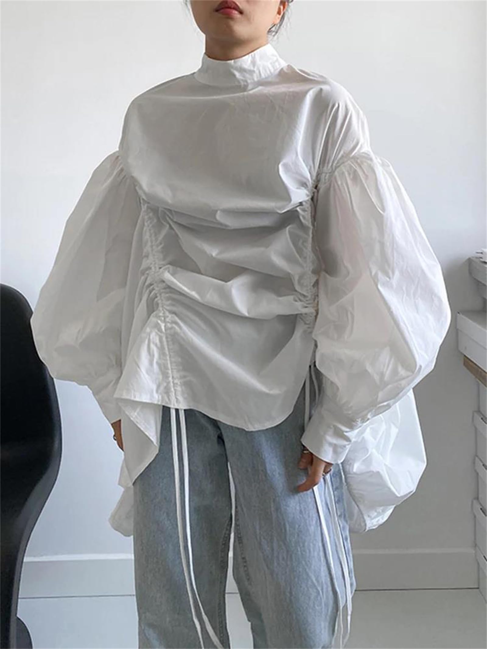 Genérico Blusa Holgada de Manga Larga con Cuello Alto y cordón Irregular para Mujer, Talla Grande, para Oficina y Trabajo (Talla única, Negra)
