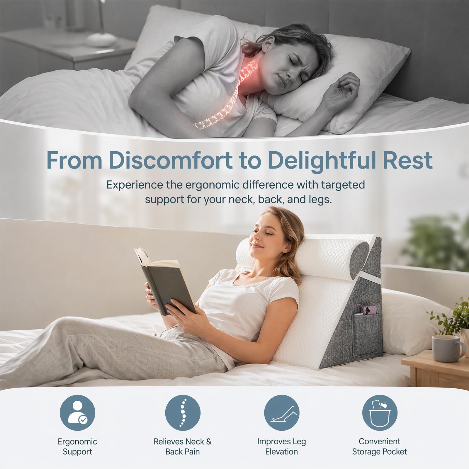 Cuscino inclinabile con angolazione regolabile,3-in-1 multifunzionale per letto e schiena, Cuscino triangolare ortopedico in memory foam