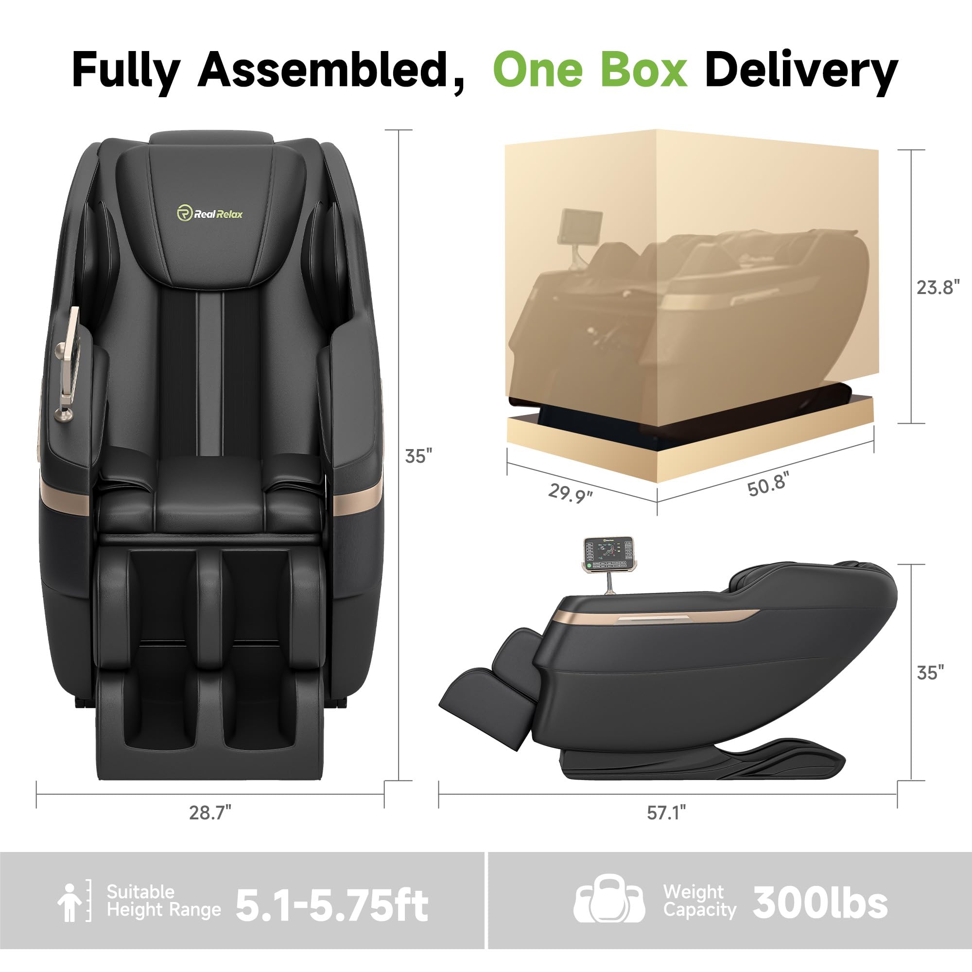Real Relax Chaise de Massage du Corps Entier, Fauteuil inclinable de Massage Shiatsu à gravité zéro, Massage des Pieds, Bluetooth, Grand écran de contrôle (Noir Classique)