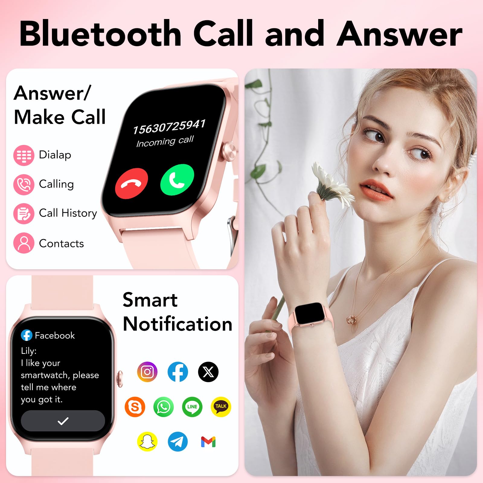Smartwatch Donna, 1.85'' Orologio Smartwatch Donna con Effettua/Risposta Chiamate, 115+ Sportive Smart Watch con Contapassi/Sonno/Cardiofrequenzimetro, IP68 Fitness Tracker per iOS Android (Oro Rosa)