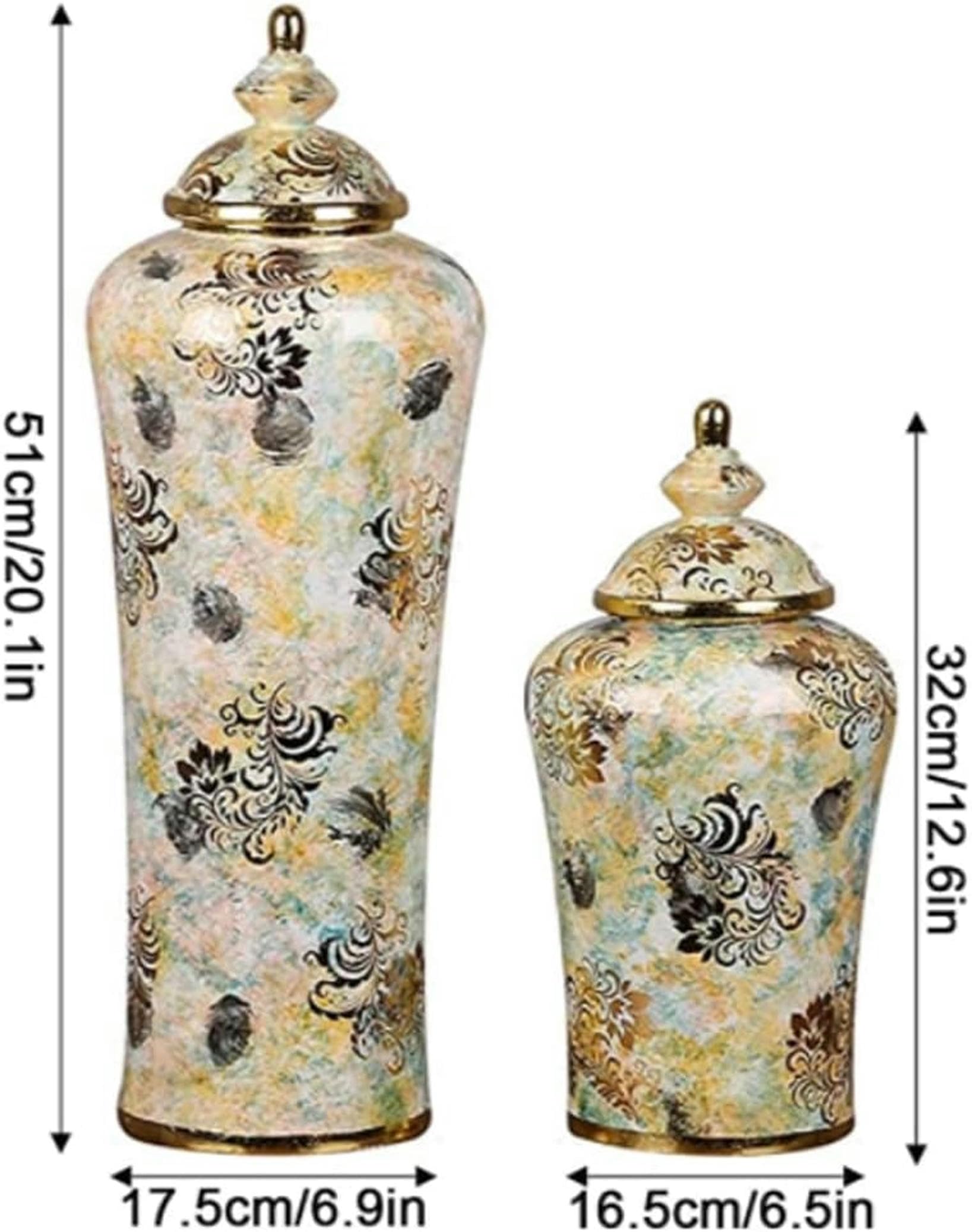 Jarrones De Cerámica Tarro De Jengibre con Tapa para Decoración del Hogar, Jarrón De Templo Dorado, Porcelana Tradicional China, Grandes Floreros Secos, Decoración para Sala De Estar, Mesa Central