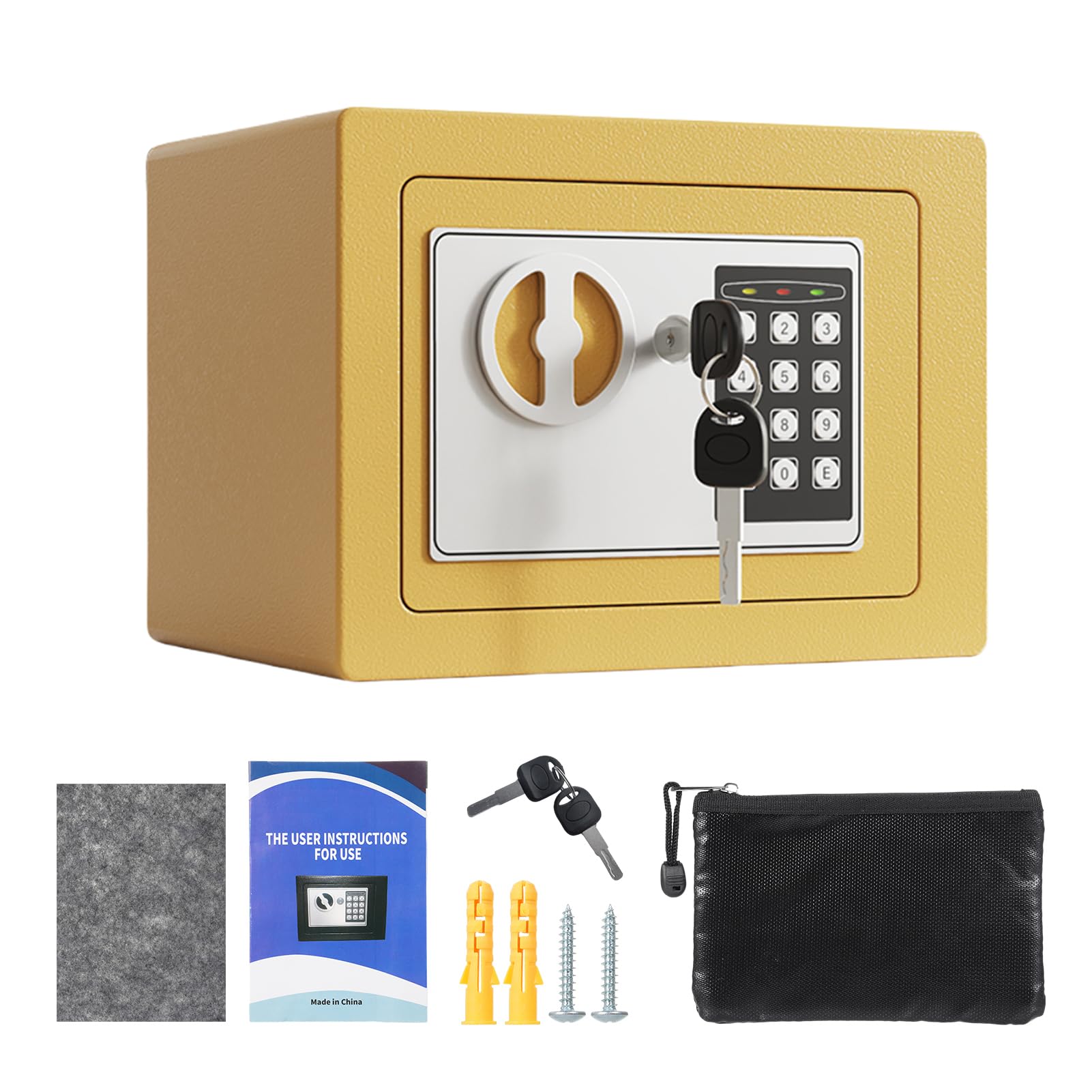 Mini Caja Fuerte de Metal Ignífuga, Cajas Fuertes para el Hogar, Caja Impermeable Ignífuga, con Teclado y 2 Llaves de Repuesto, Seguridad Digital para Dinero, Joyas, Documentos de (champán