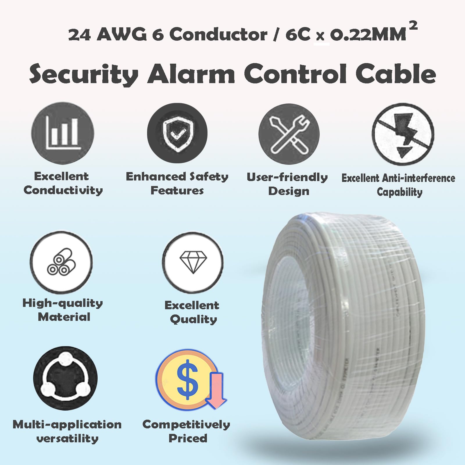 Cable de alarma blindado, 6 C x 0,22 m², cable de alarma CCA, cable de control de alarma, cable de seguridad, aluminio recubierto de cobre, para estación antirrobo de fuego/sonido, cable de seguridad