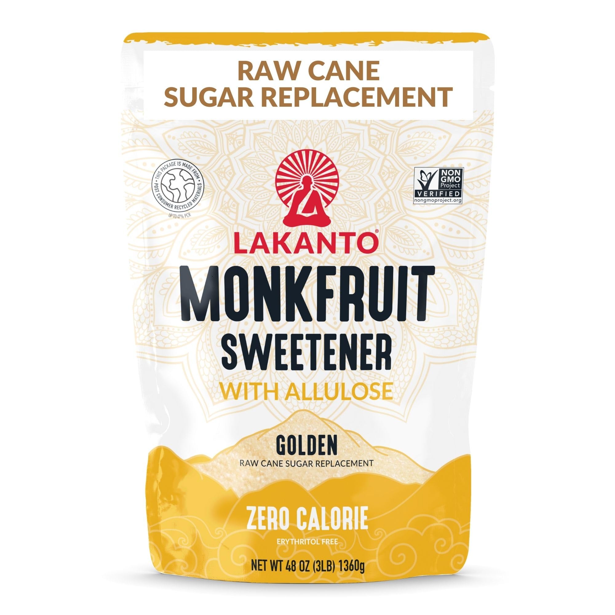 LakantoGolden Monk Fruit Sweetener With Allulose, Raw Cane Sugar Substitute From Monk Fruit Extract, Raw Sugar Replacement for Baking, Coffee & Tea, Gluten Free, Low Carb, Non GMO, Keto, 3 LB Bag