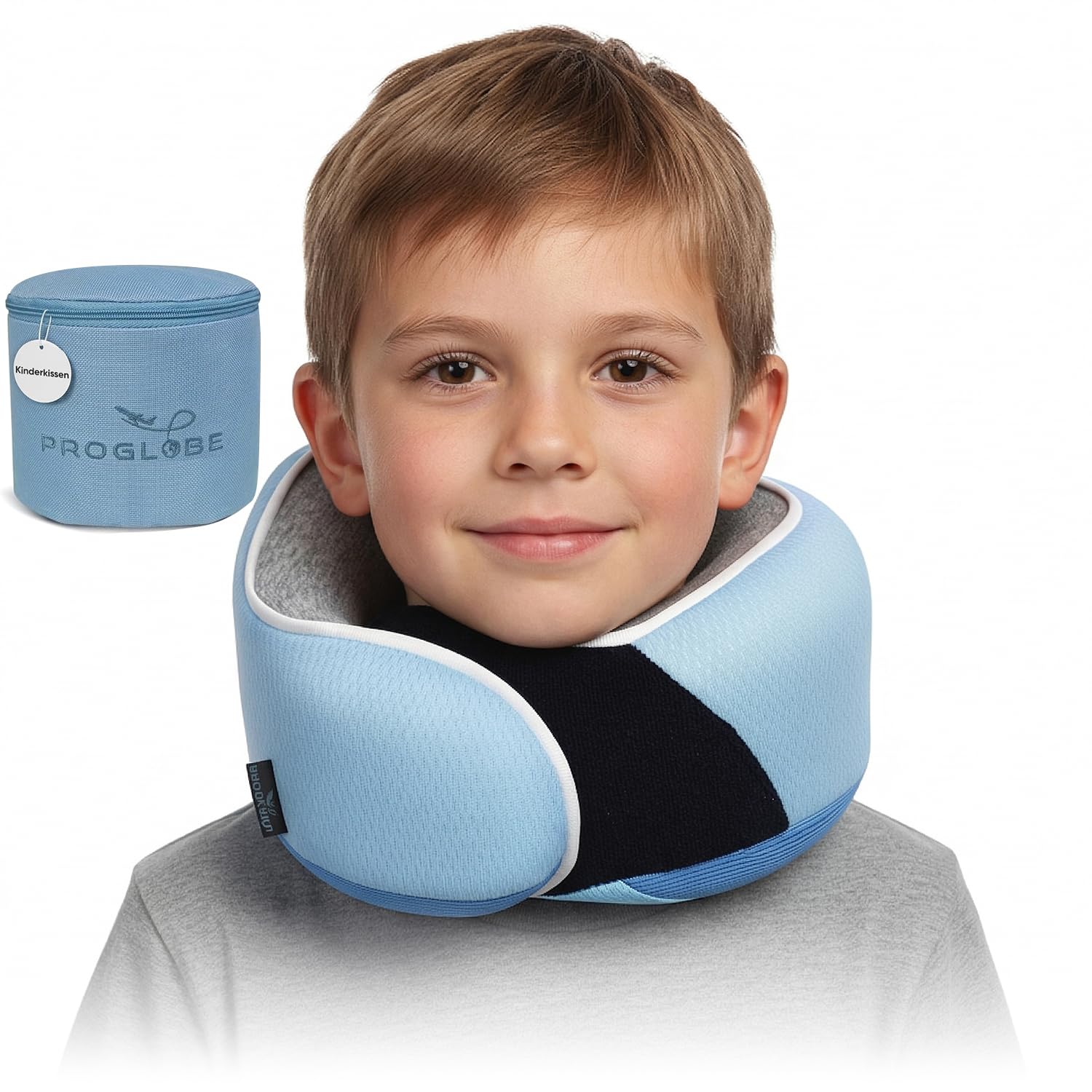 Proglobe Junior Nackenkissen für Kinder - Ergonomisches Reisekissen aus Memory-Schaum für Auto, Flugzeug, Bahn - Waschbar, Tragbar, Mit Gurt - Für Kinder von 4–13 Jahren - Hellblau