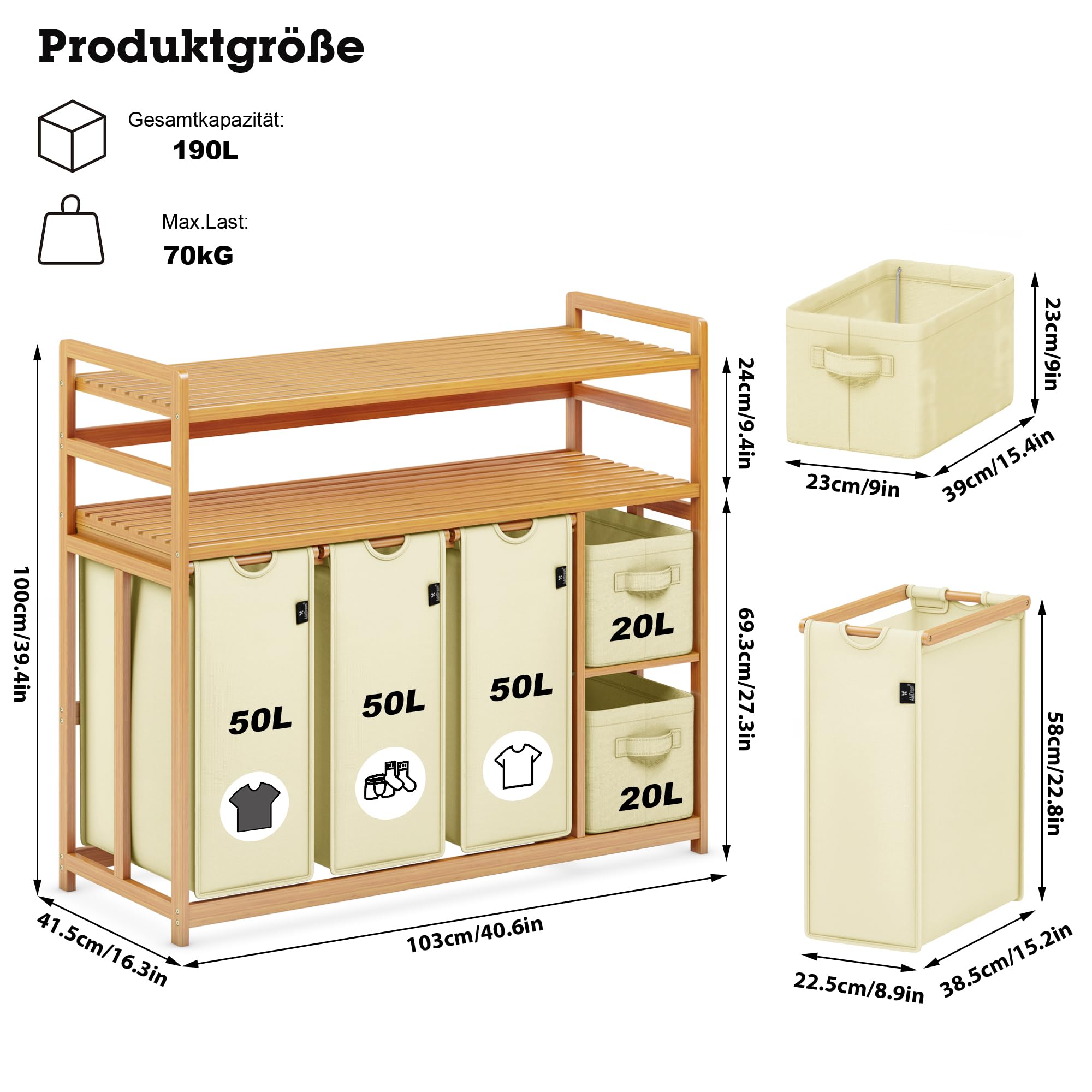 ADEL DREAM Wäschekorb 5 Fächer 2 Regale Wäschesammler 190L Wäscheboxen Mit Korb Wäschesortierer mit 3 Wäschesäcken & 2 Stoffboxen Wäschesack Bambus Wäscheregal Wäschebox Laundry basket Beige