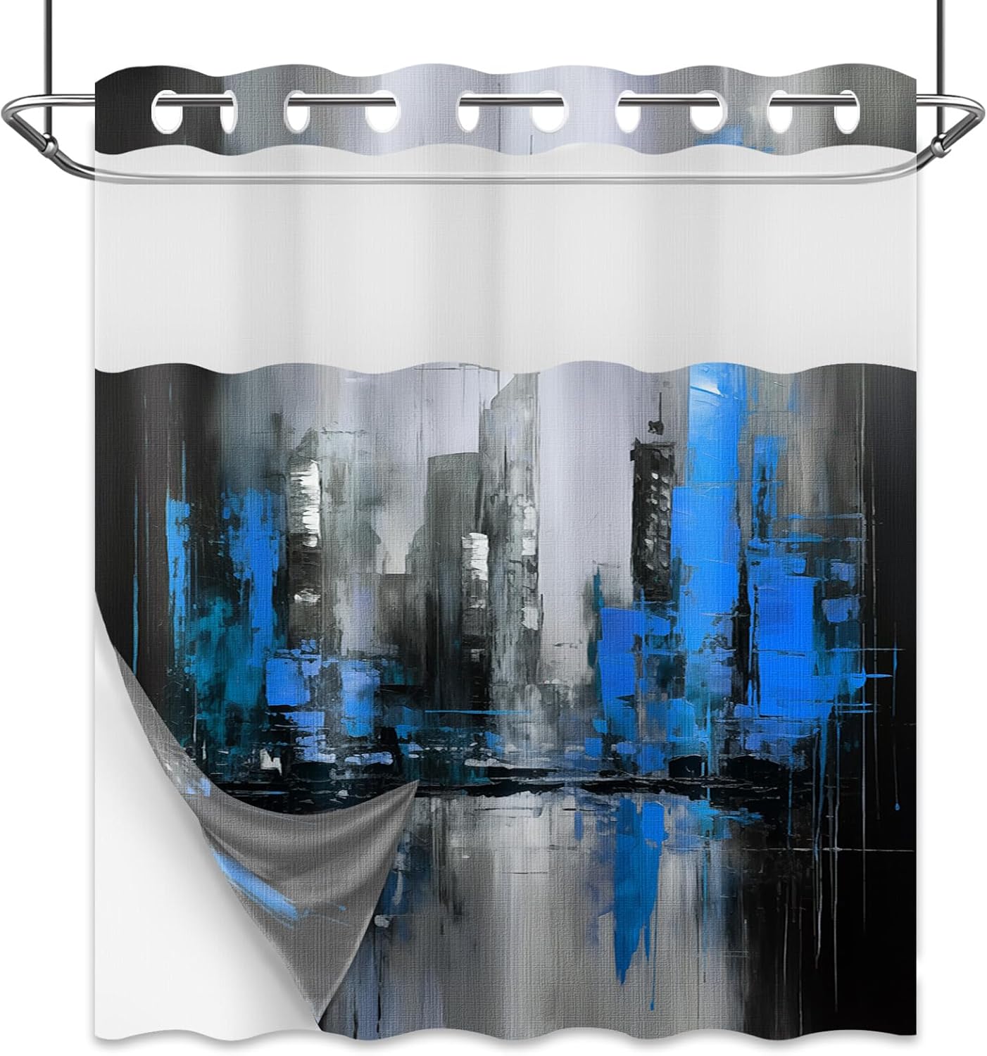 Blue and Black Hookless Shower Curtain with Snap in Liner, Abstract Art Modern Mens No Hook Double Layer Shower Curtain and Liner Set, Waterproof Cloth Fabric, 71" W X 74" L (Pack of 1)
