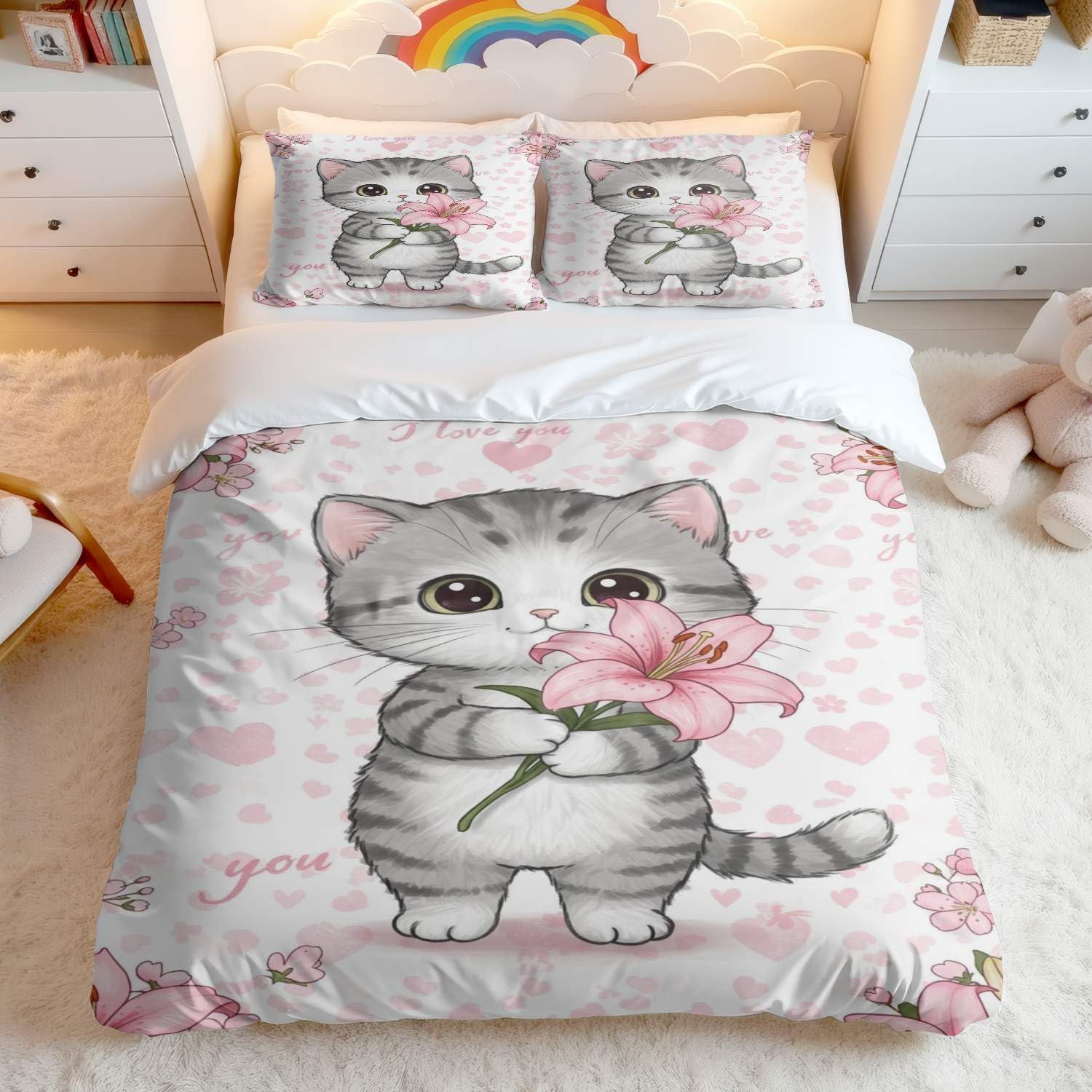 Juego de funda de edredón floral con diseño de gato gris y blanco, bonito estilo de dibujos animados para niños y mujeres jóvenes (01, King 240 x 220 cm + 65 x 65 cm x 2)