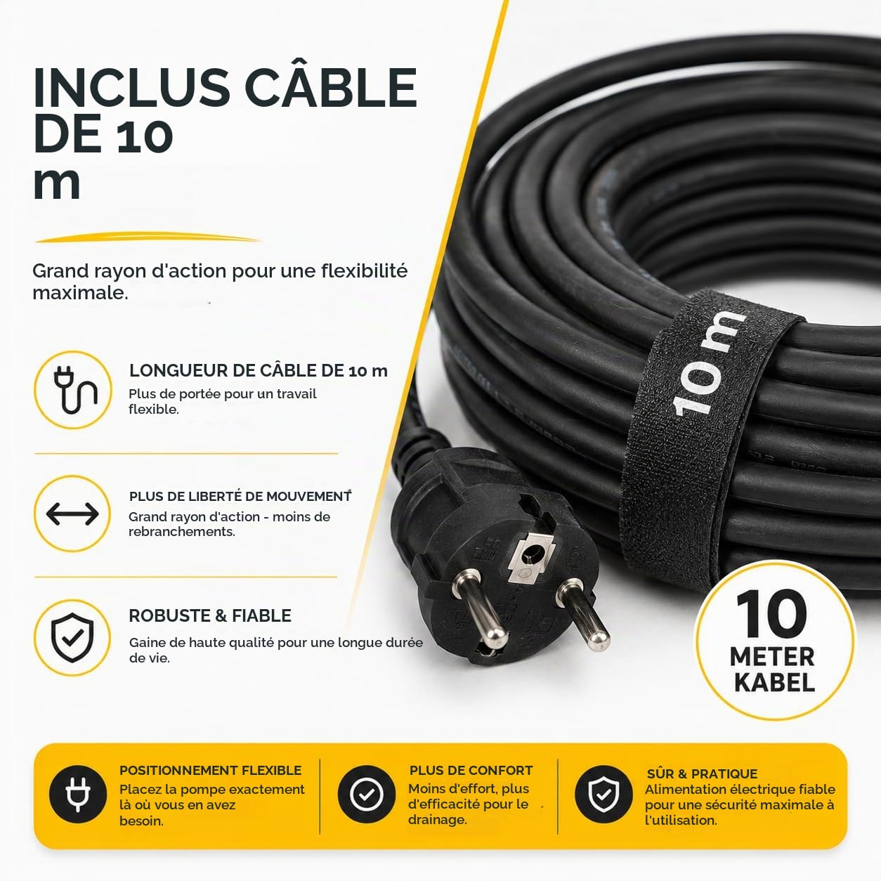 Pompe submersible pour eaux usées 400 W - 7500 l/h, hauteur de livraison de 5 m, profondeur d'immersion 4 m, câble de raccordement de 10 m, interrupteur à flotteur réglable, protection thermique