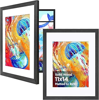 KINLINK 11x14 Kids Art Frame, Black Wood Artwork Frames 2 Pack | Picture Frames Front Opening Hold 150 Pictures, Artwork Frames for Kids Artwork, 11x14 with Mat 8x10 without Mat