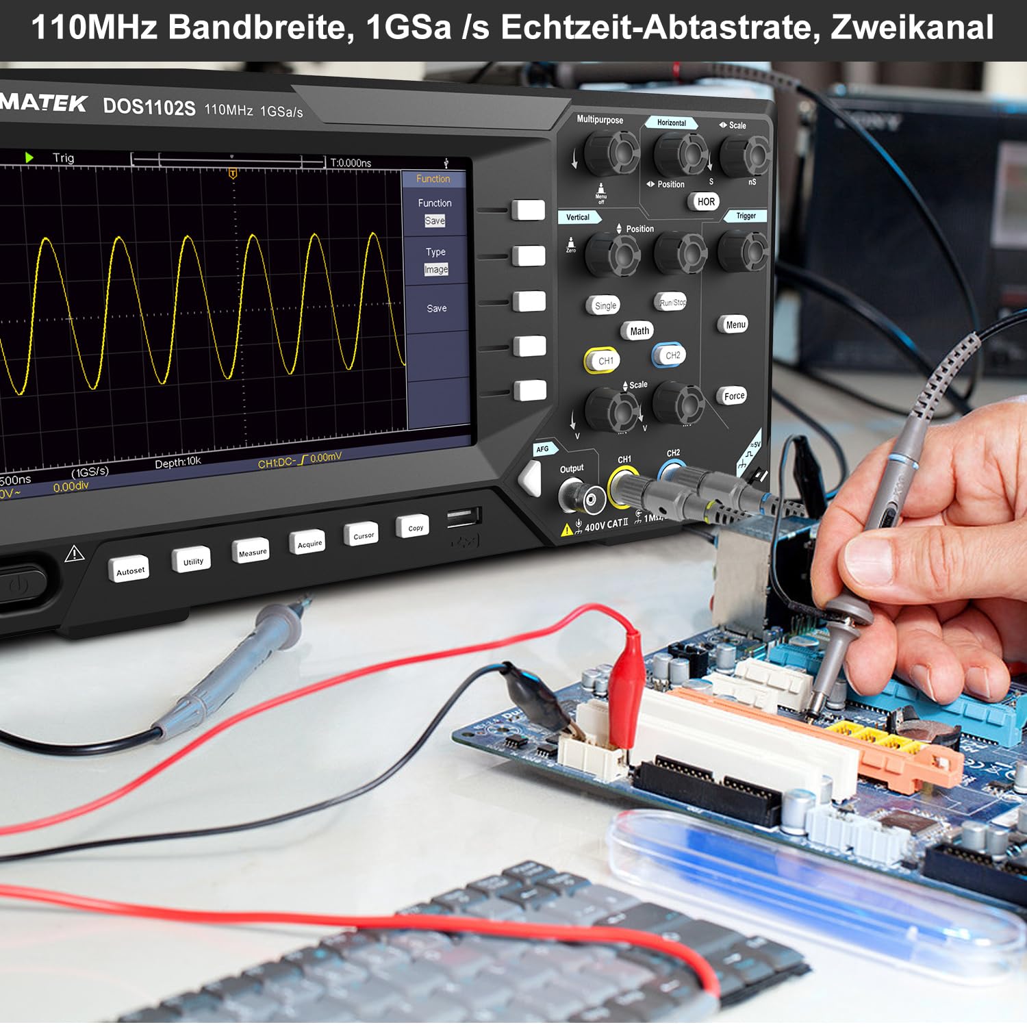 HANMATEK 2 in1 DOS1102S Digitales Speicheroszilloskop mit integriertem Wellenformgenerator, 110MHz Bandbreite, 2 × 500MSa/s Abtastrate, Zweikanal