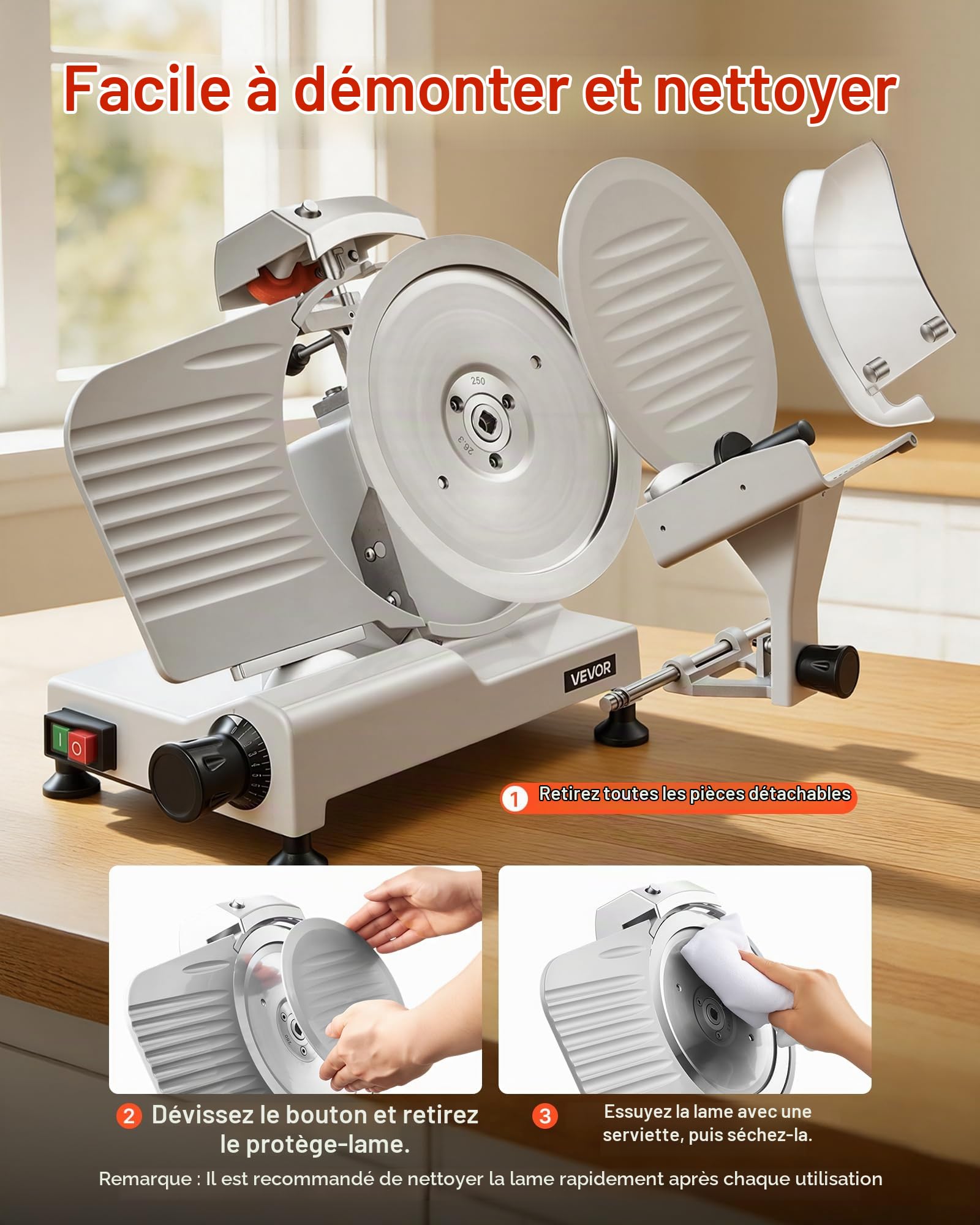 VEVOR Trancheuse Électrique 300 W, Trancheuse à Jambon Épaisseur de Coupe Réglable 0-12 mm, pour Saucisson Pain Fromage Viande Charcuterie, Lame en Acier au Carbone 250 mm et Plateau Amovibles