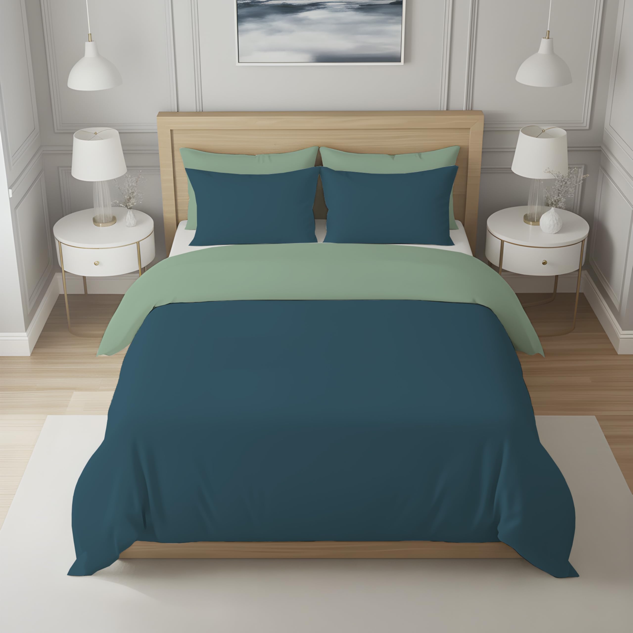 Soleil d'ocre, Two-Tone Cotton Duvet Cover 57 Thread Count 240 x 220 cm Plain Sea Green and Duck Blue