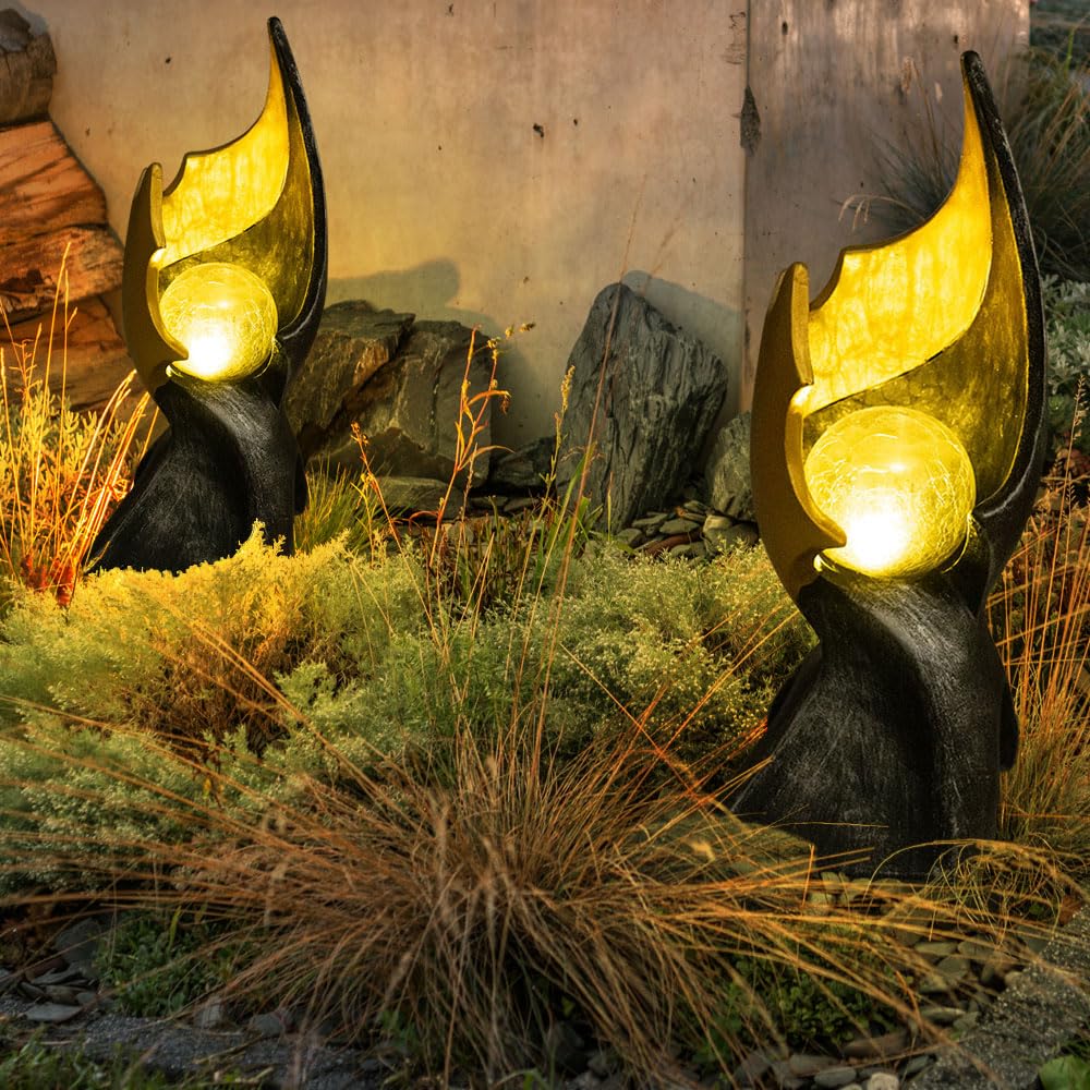 GLOBO LED Solar Flamme Solarlampen für Außen Garten Dekoration Solarleuchte mit Flammeneffekt, gold braune Skulptur mit bezauberndem Lichteffekt, 1x LED warmweiß, H 36 cm, 2er Set