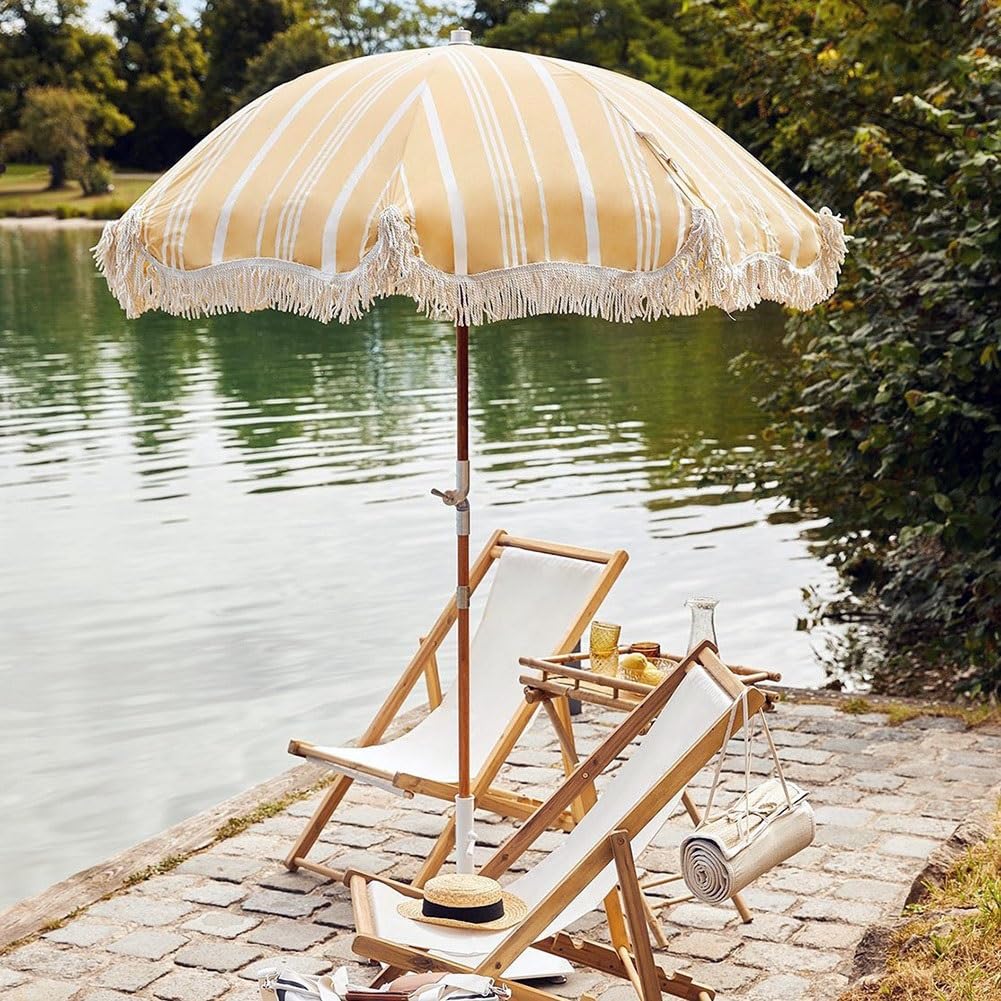 200 cm Parasol Ogrodowy Boho z Frędzlami, Parasol w Paski, na Taras, Podwórko, Basen, Podwórko