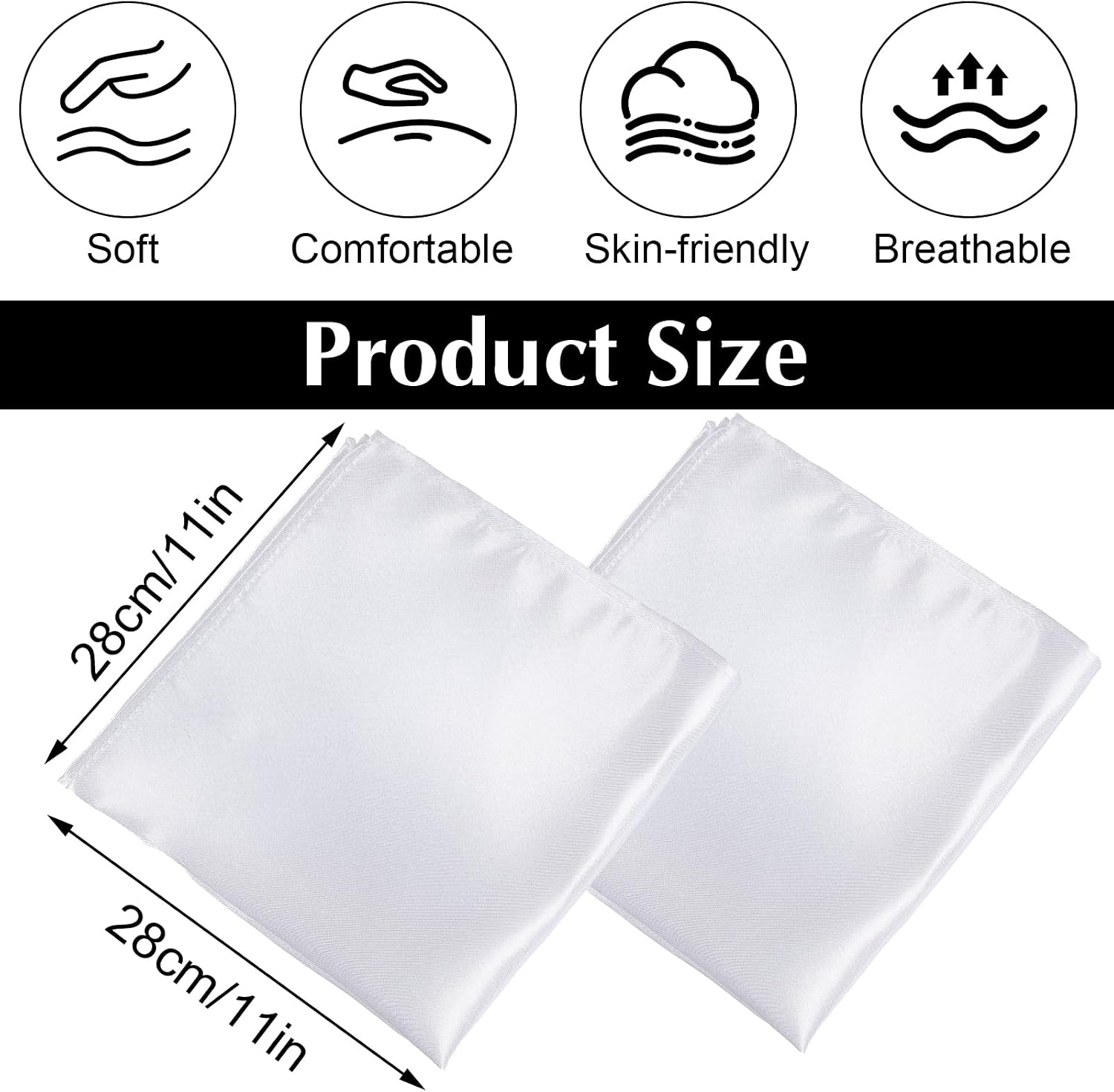 White Pocket Squares for Men, 2 Pcs Mens Satin Pocket Square Solid Color Handkerchiefs for Men, Silk Suit Pockets Squares
