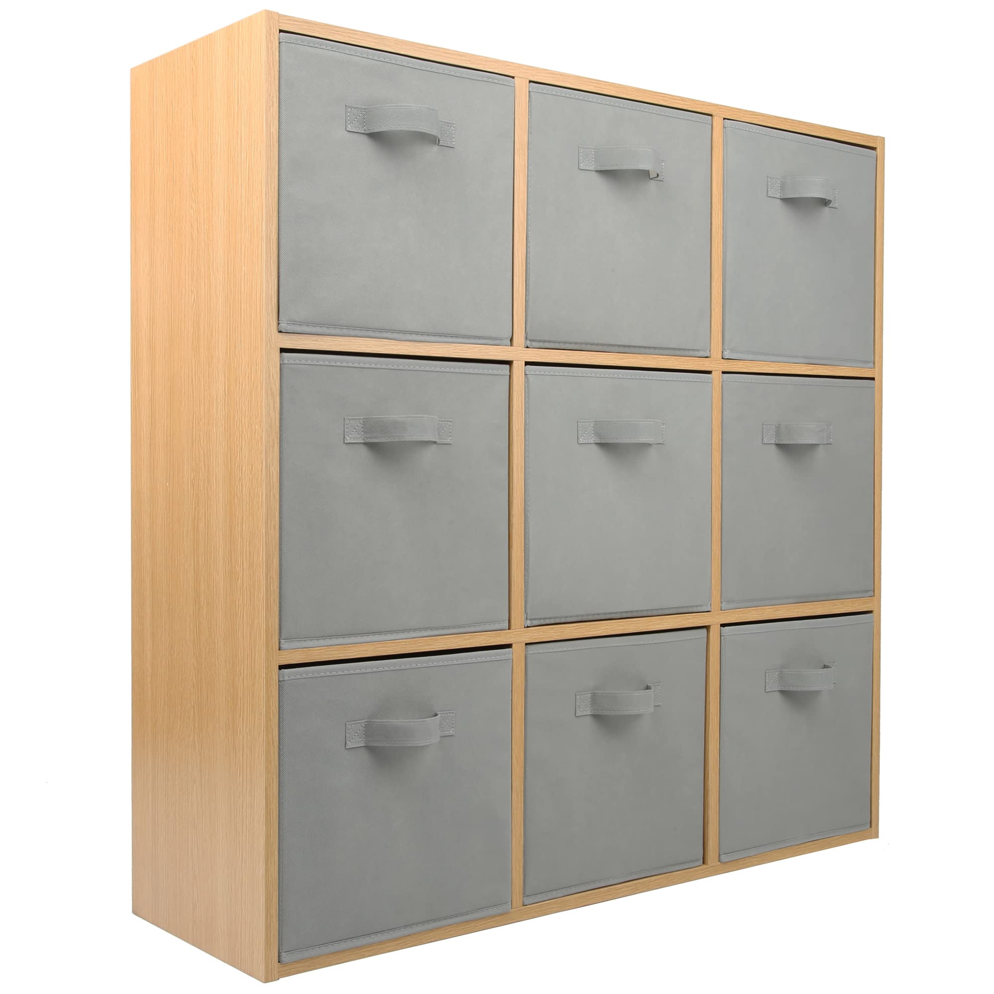 Charles Jacobs Oak 9 Cube Storage Shelving Unit + 9 Grey Fabric Drawers