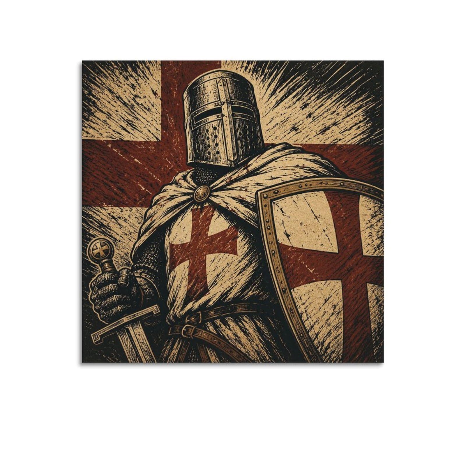 XKUGA Woodcut Crusader Knight Gothic Poster Red Cross Vintage Armor Modern Decorative Canvas Prints - Ideal Wall Art for Family, Man Cave, Game Room, Boys & Girls Bedroom 16x16inch(40x40cm)